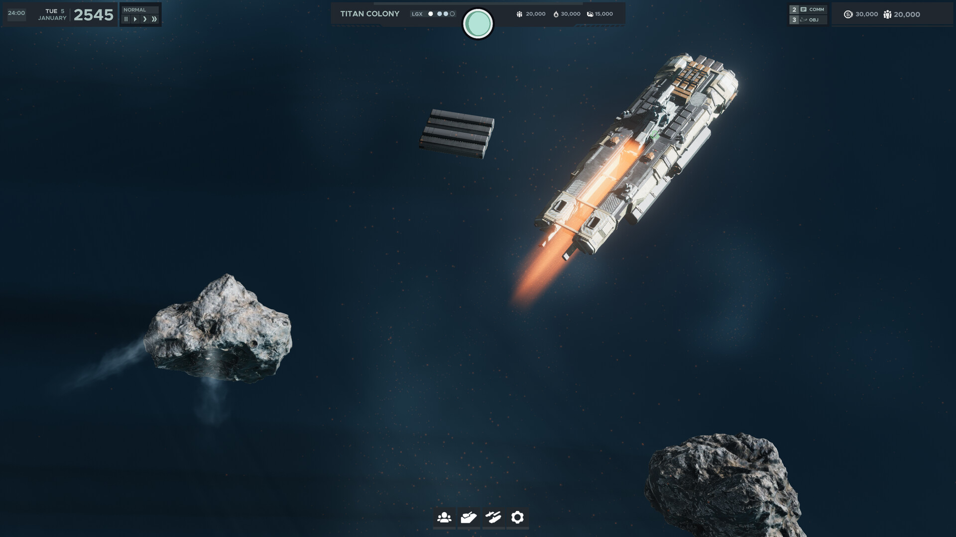 A civilian vessel under thrust beside asteroids and a detached cargo container
