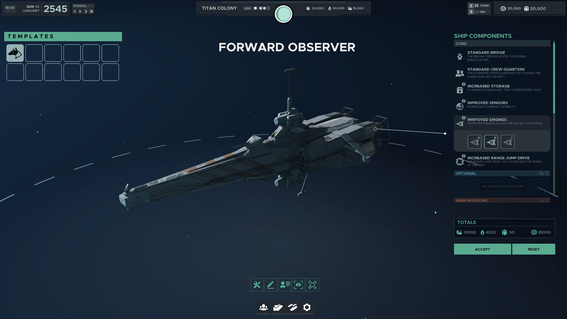 The ship designer screen showing a Forward Observer template with its core component list