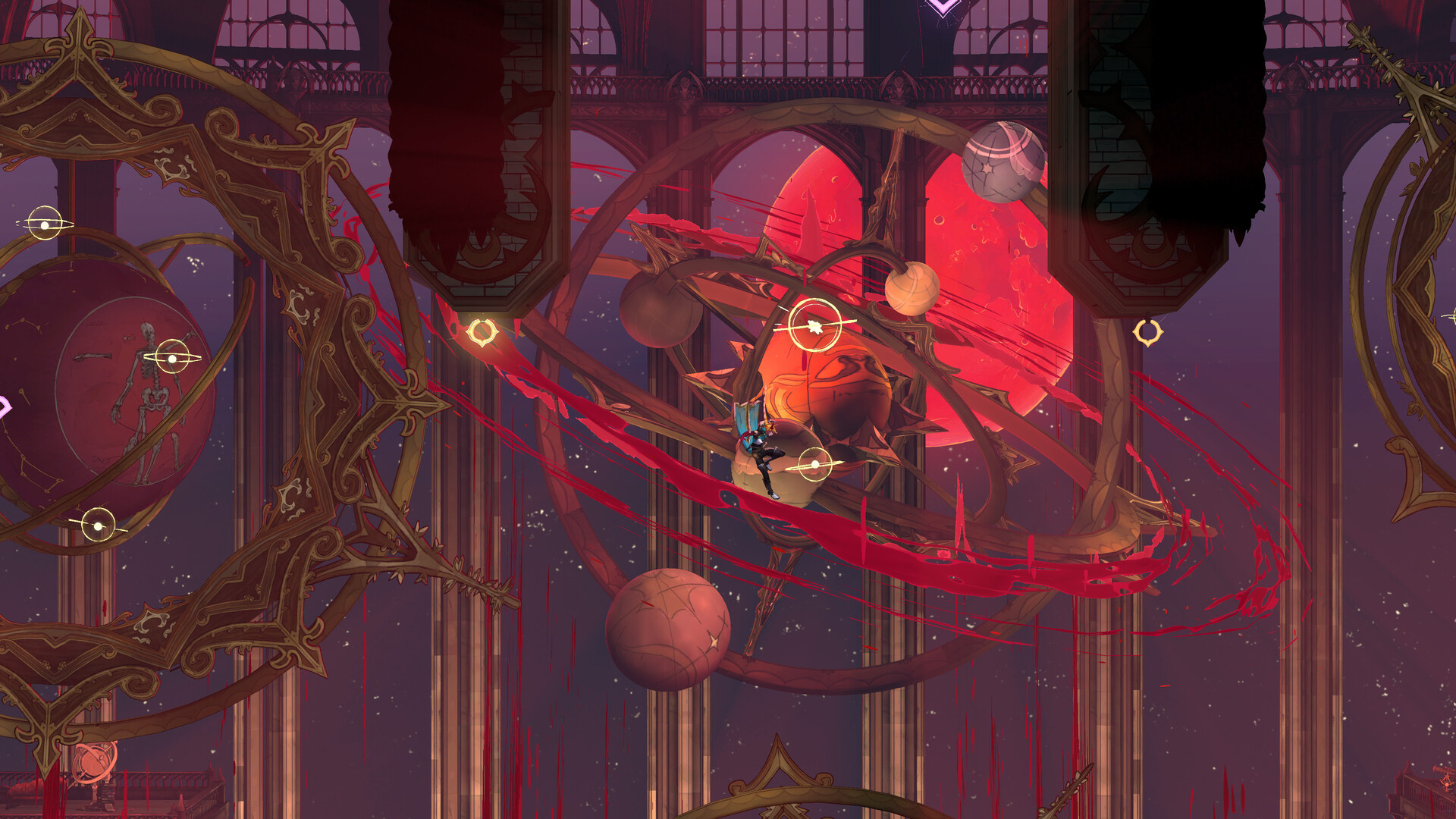 Rose rides a planet of a giant armillary sphere strung with orbiting rings inside a violet Gothic hall