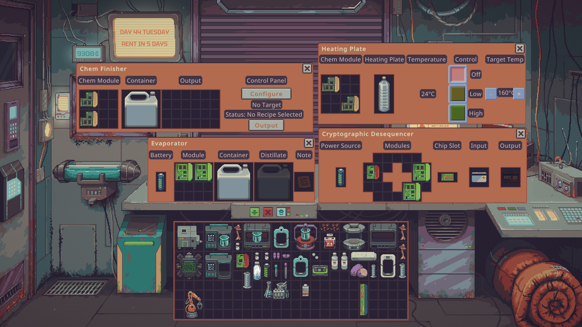 Chemistry machines including a Chem Finisher, Evaporator, Heating Plate and Cryptographic Desequencer in Probably Stolen