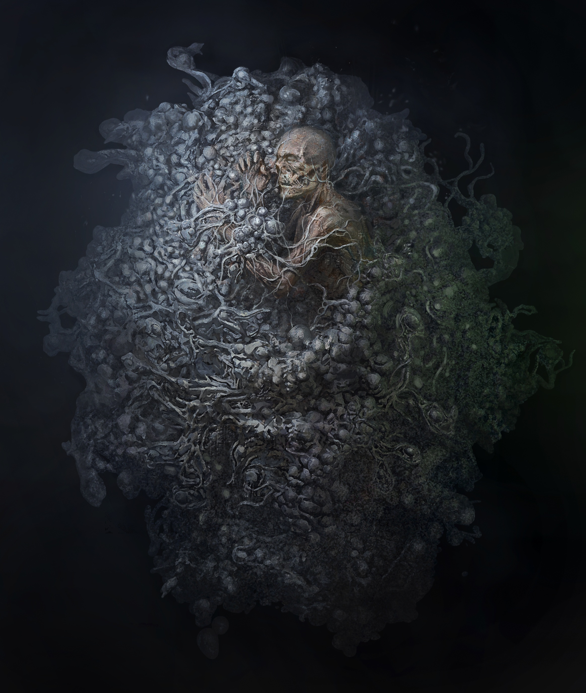 Witness image from the Saltern Harbor preview: a preserved corpse curled inside a mass of pale salt-caked roots and bones