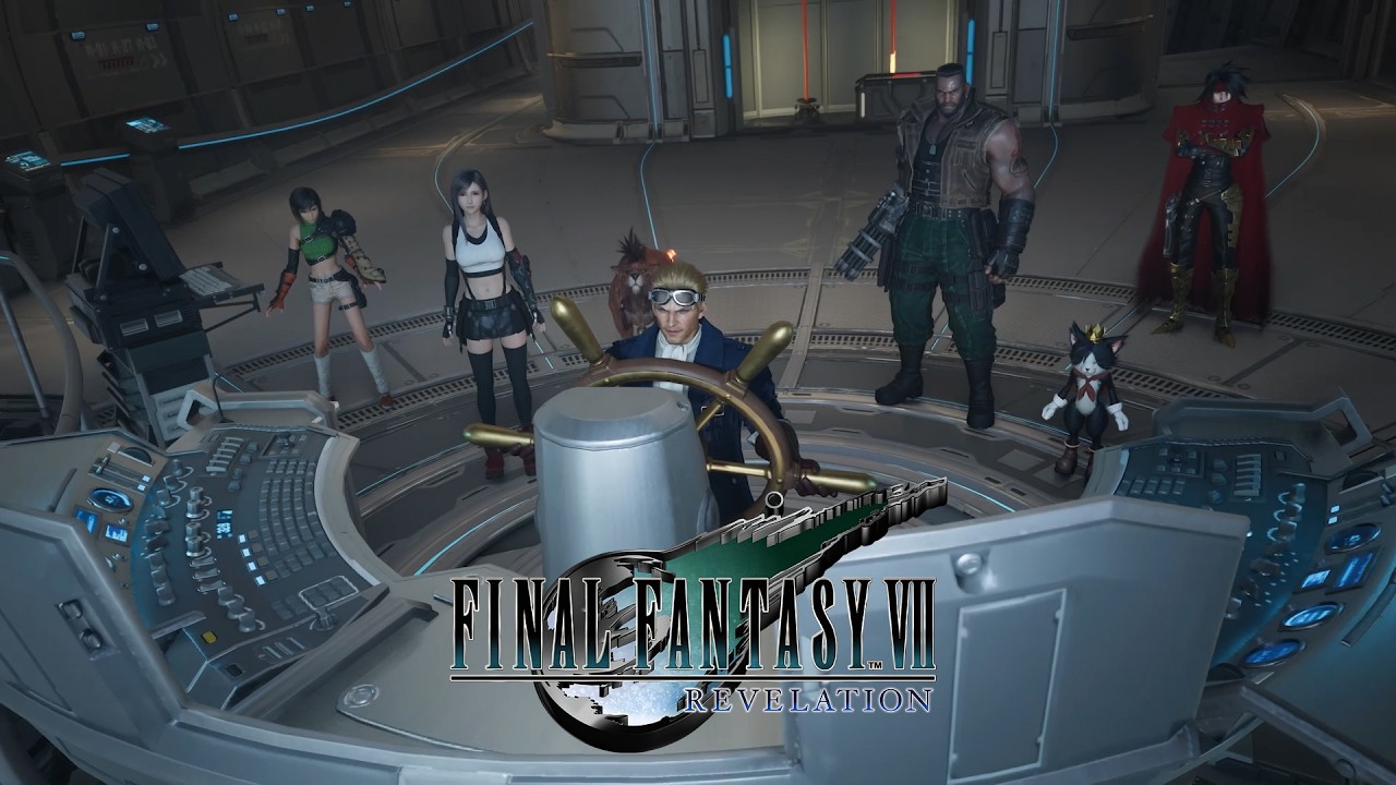 The party gathered on the bridge of the airship Highwind in Final Fantasy VII Revelation