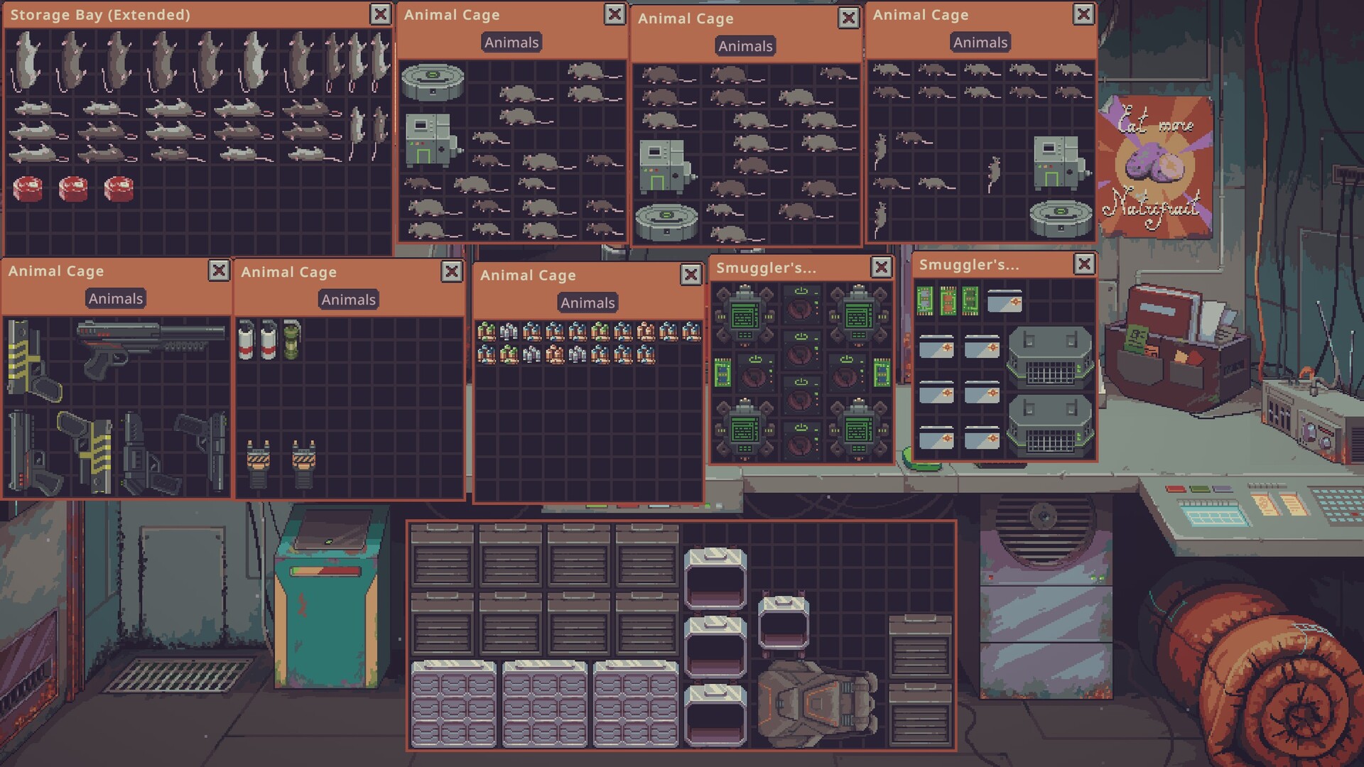 Several animal cages full of rats and smuggling containers open on the shop screen in Probably Stolen