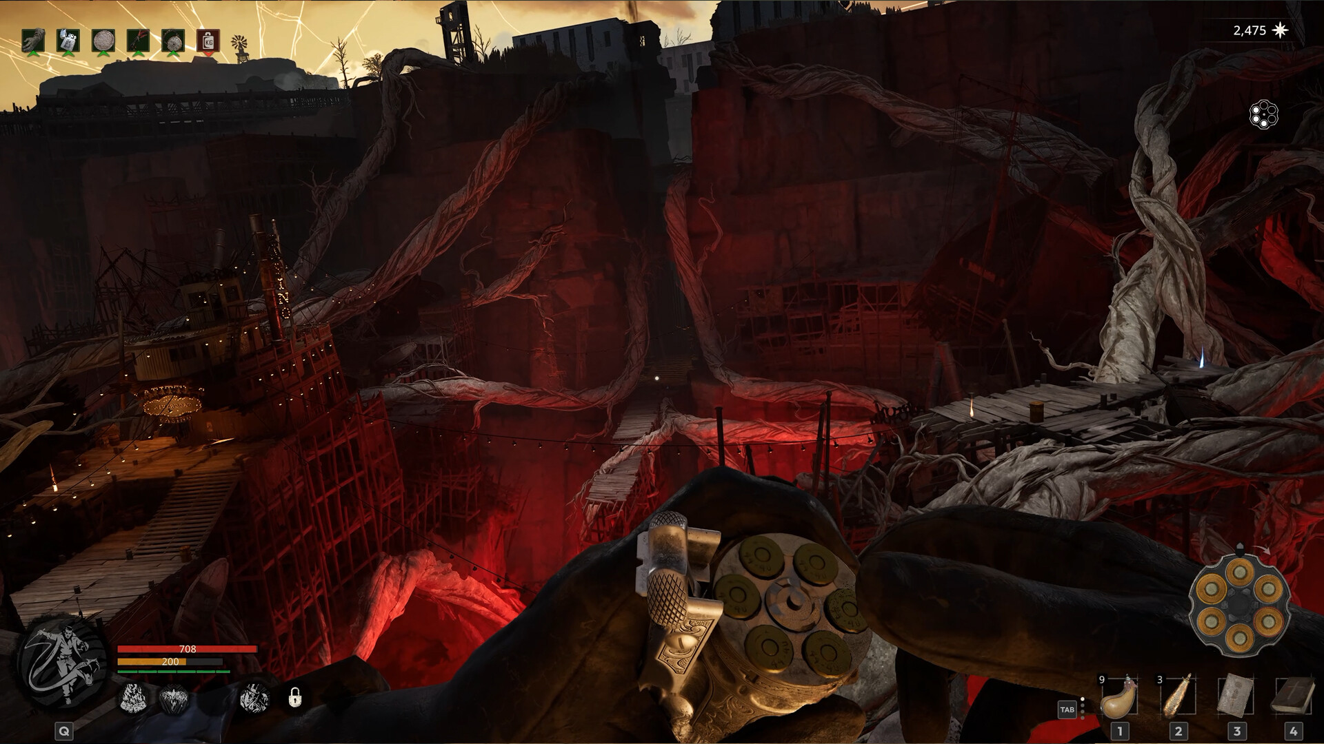 An open revolver cylinder during reloading above a red-lit canyon.