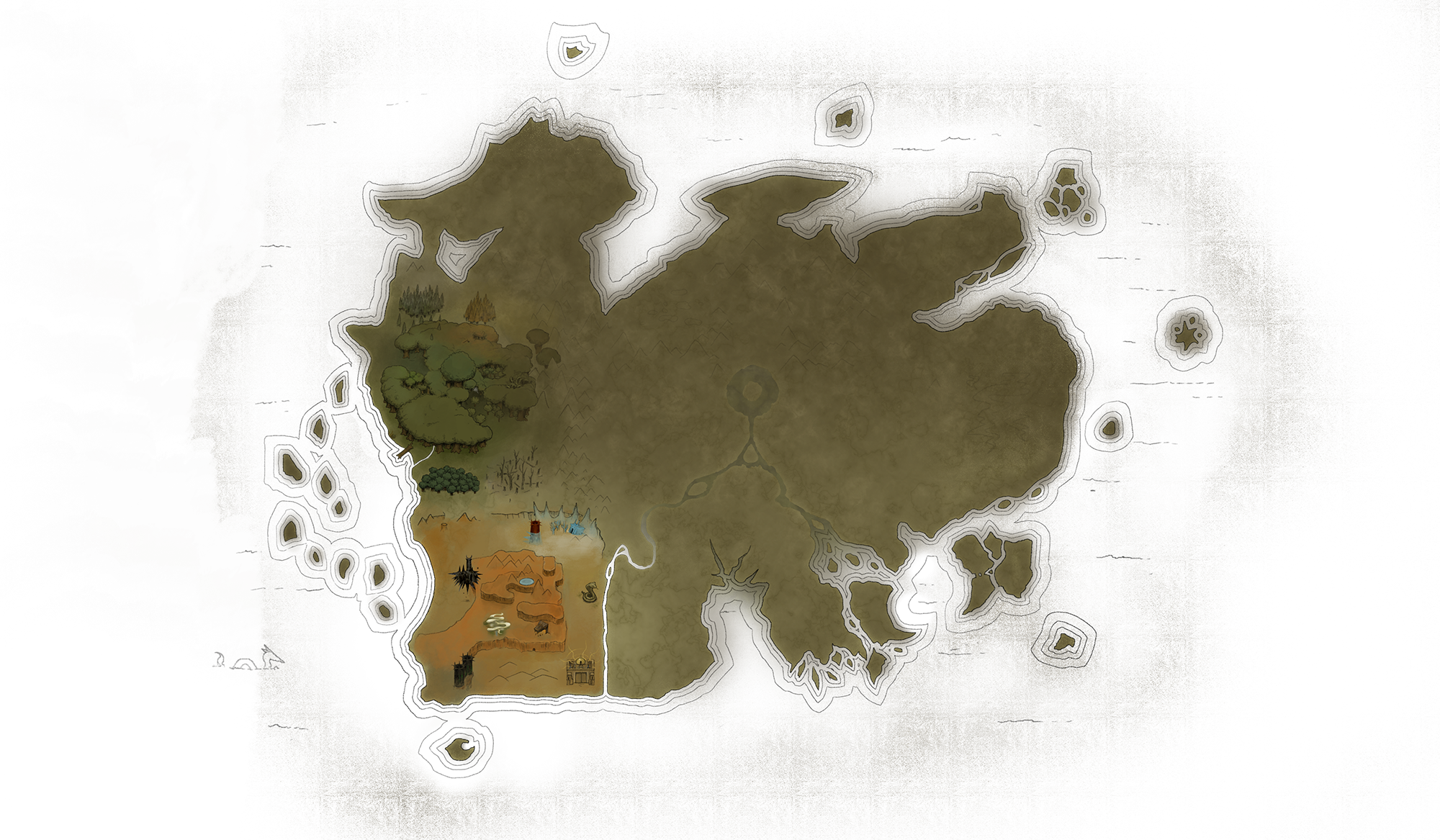 Parchment style map of the continent of Aethoril with the western regions drawn in and the eastern half left blank