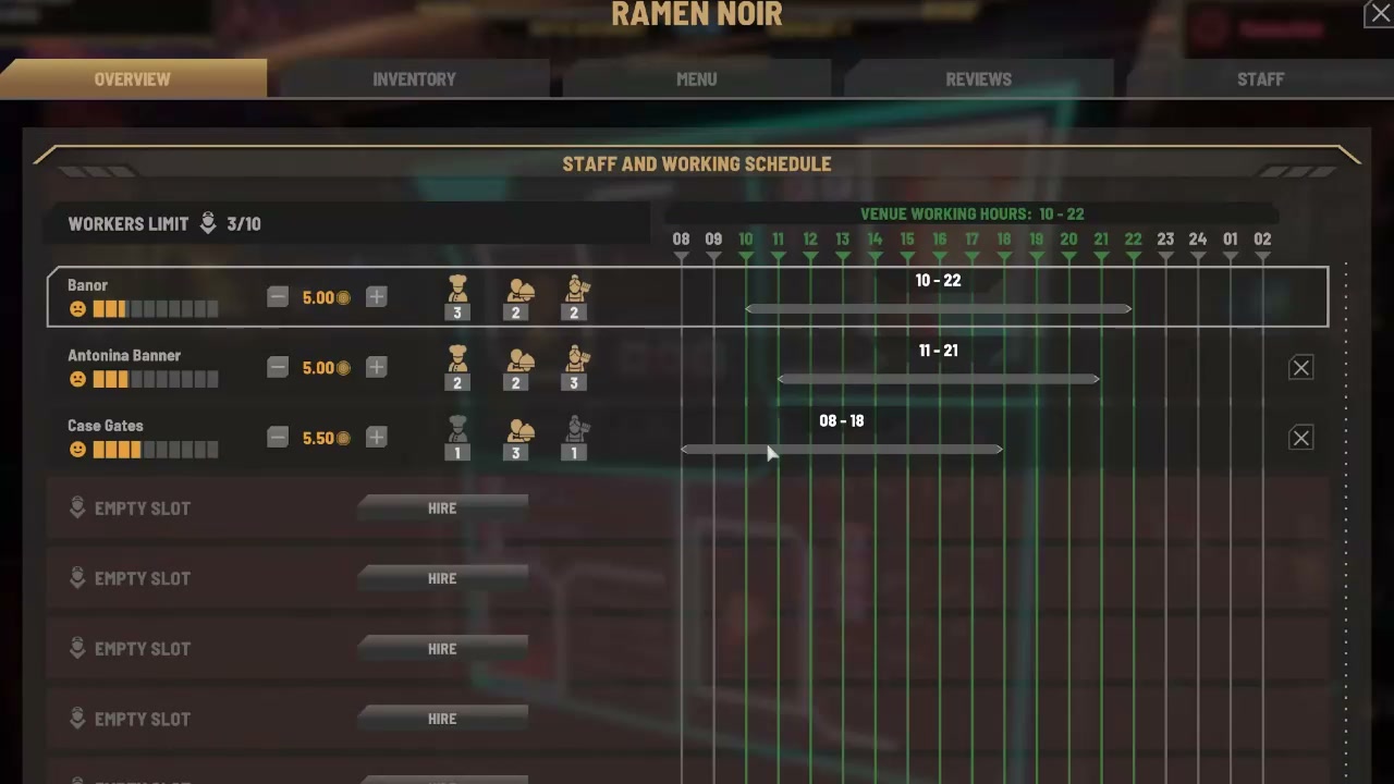 The Ramen Noir venue screen from the official gameplay video, showing the Staff and Working Schedule panel with three workers, their hourly wages, skill ratings and shift bars against the venue hours