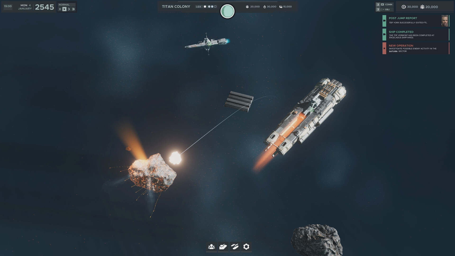 Falling Frontier operations feed reporting a completed warship, a post-jump report, and a new investigation objective