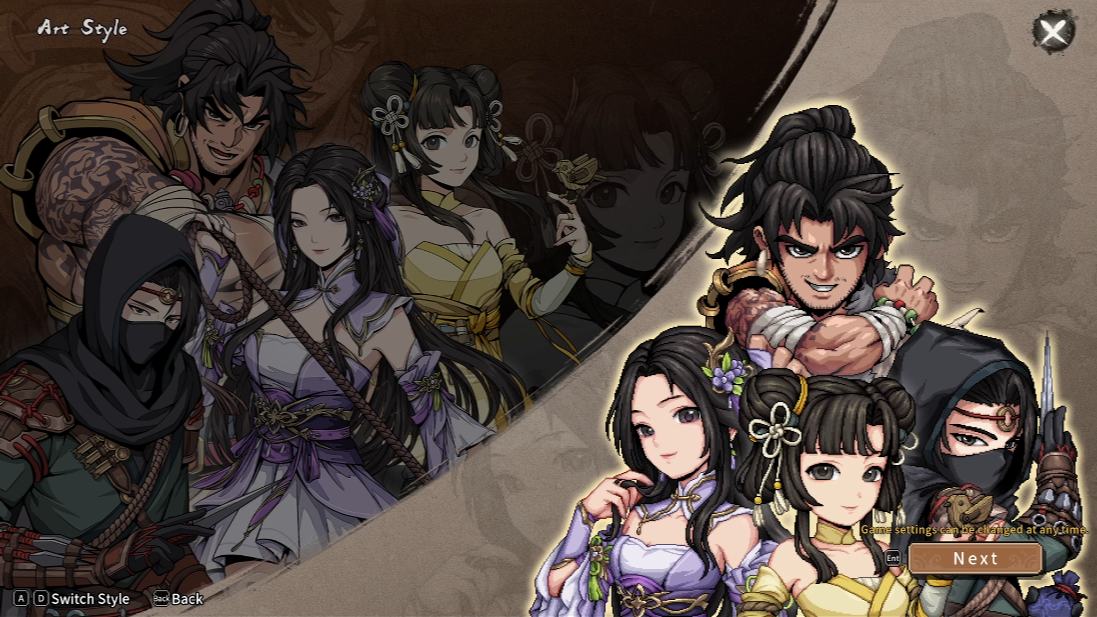 The art style selection screen, showing the cast rendered in illustrated portraits on the left and the same characters as pixel-art portraits on the right