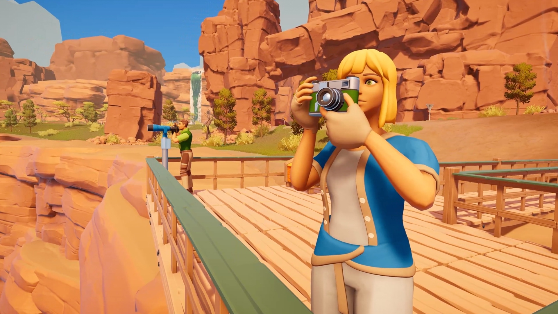 A player holding the Photo Camera on a wooden boardwalk in the Canyons while a second player looks through mounted binoculars