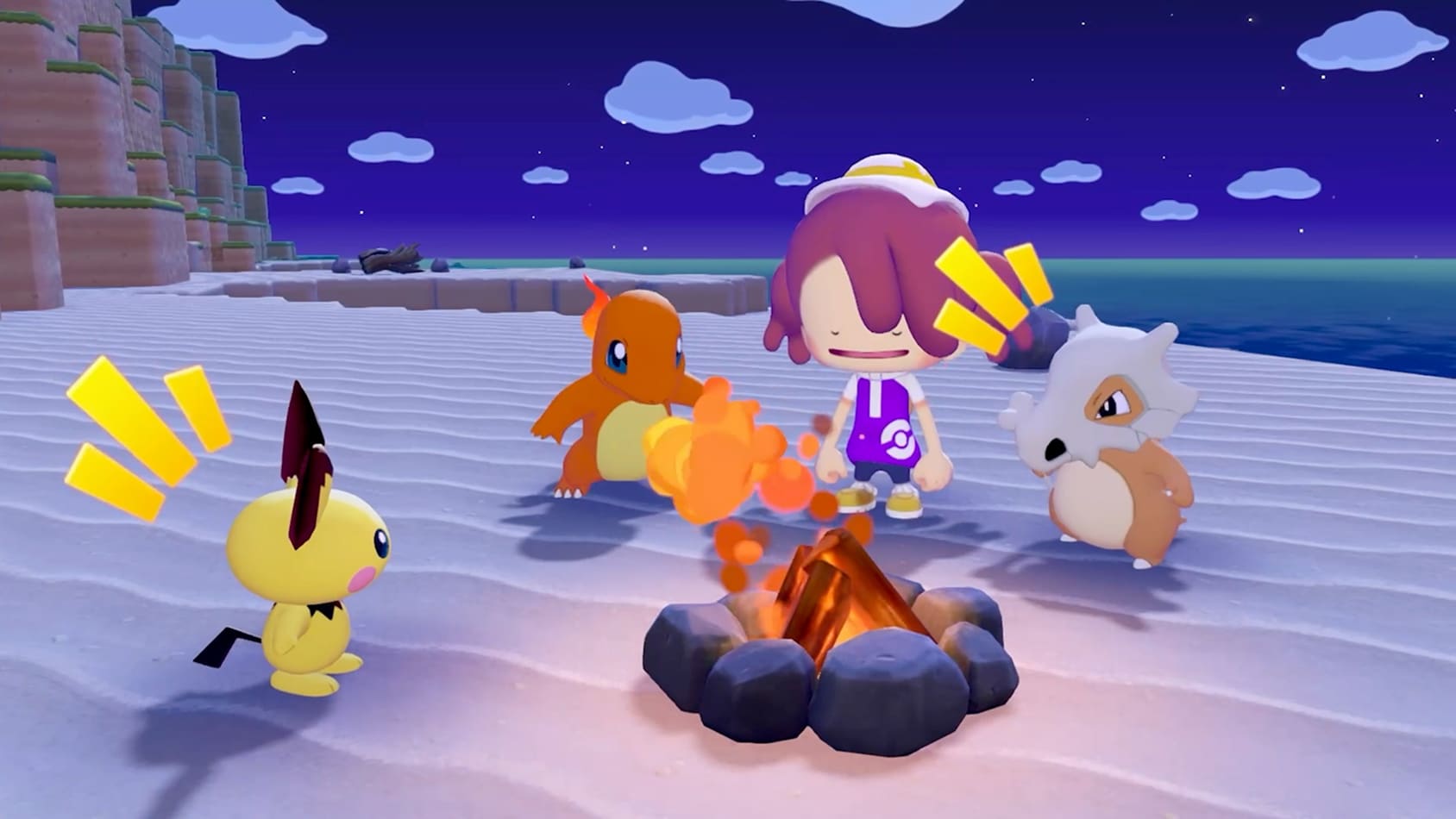 Ditto and Pokemon friends gathered around a beach campfire at sunset in Bleak Beach