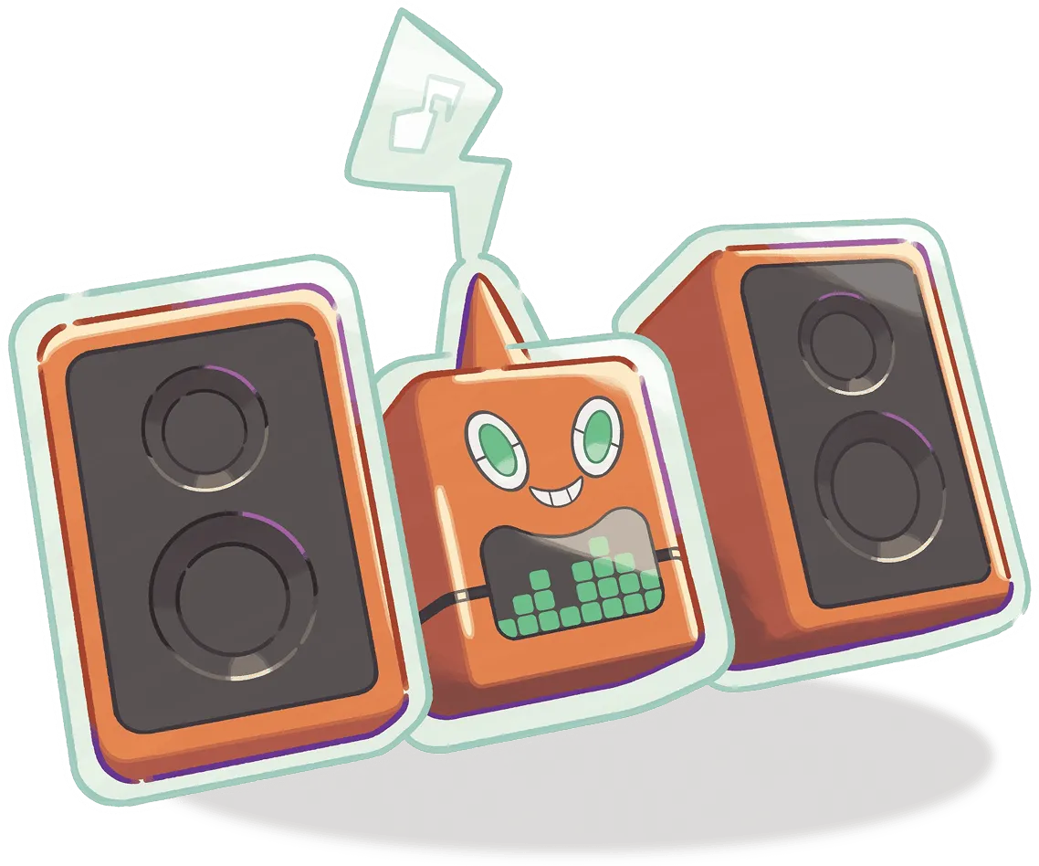 Official character artwork of Stereo Rotom (DJ Rotom), the boombox-shaped music-loving Pokemon in Pokopia