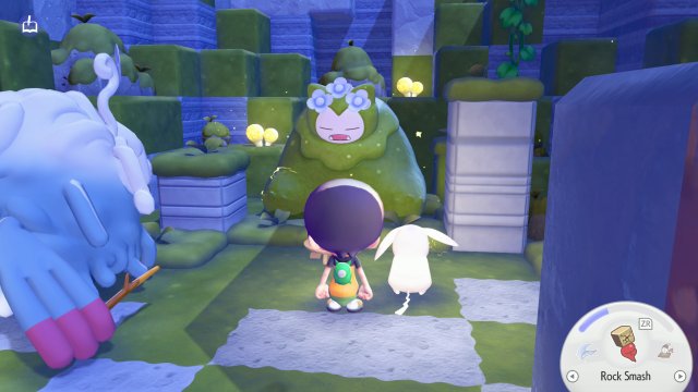 Player in Bleak Beach with Mosslax, Mareep, and a ghost Pokemon next to glowing yellow seashell lamps for the Brighten Things Up quest