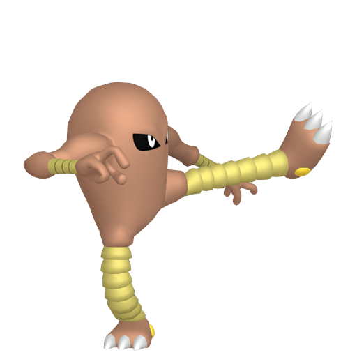 Hitmonlee sprite from Pokemon Pokopia showing the Kicking Pokemon with Trade specialty