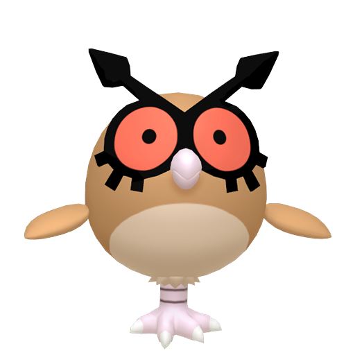 Hoothoot sprite from Pokemon Pokopia showing the Owl Pokemon with Fly and Trade specialties