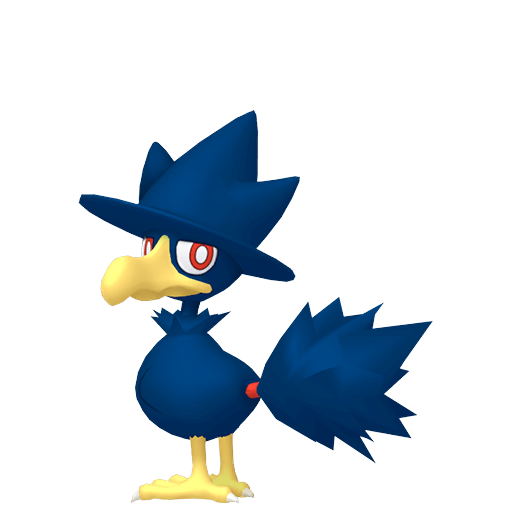 Murkrow sprite from Pokemon Pokopia showing the Darkness Pokemon with Fly and Trade specialties