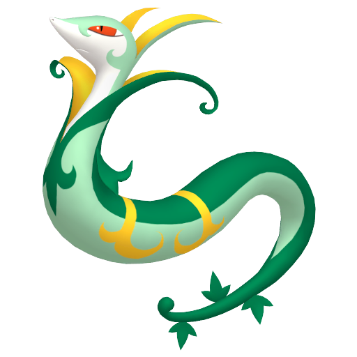 Serperior sprite from Pokemon Pokopia showing the Regal Pokemon with Grow and Litter specialties