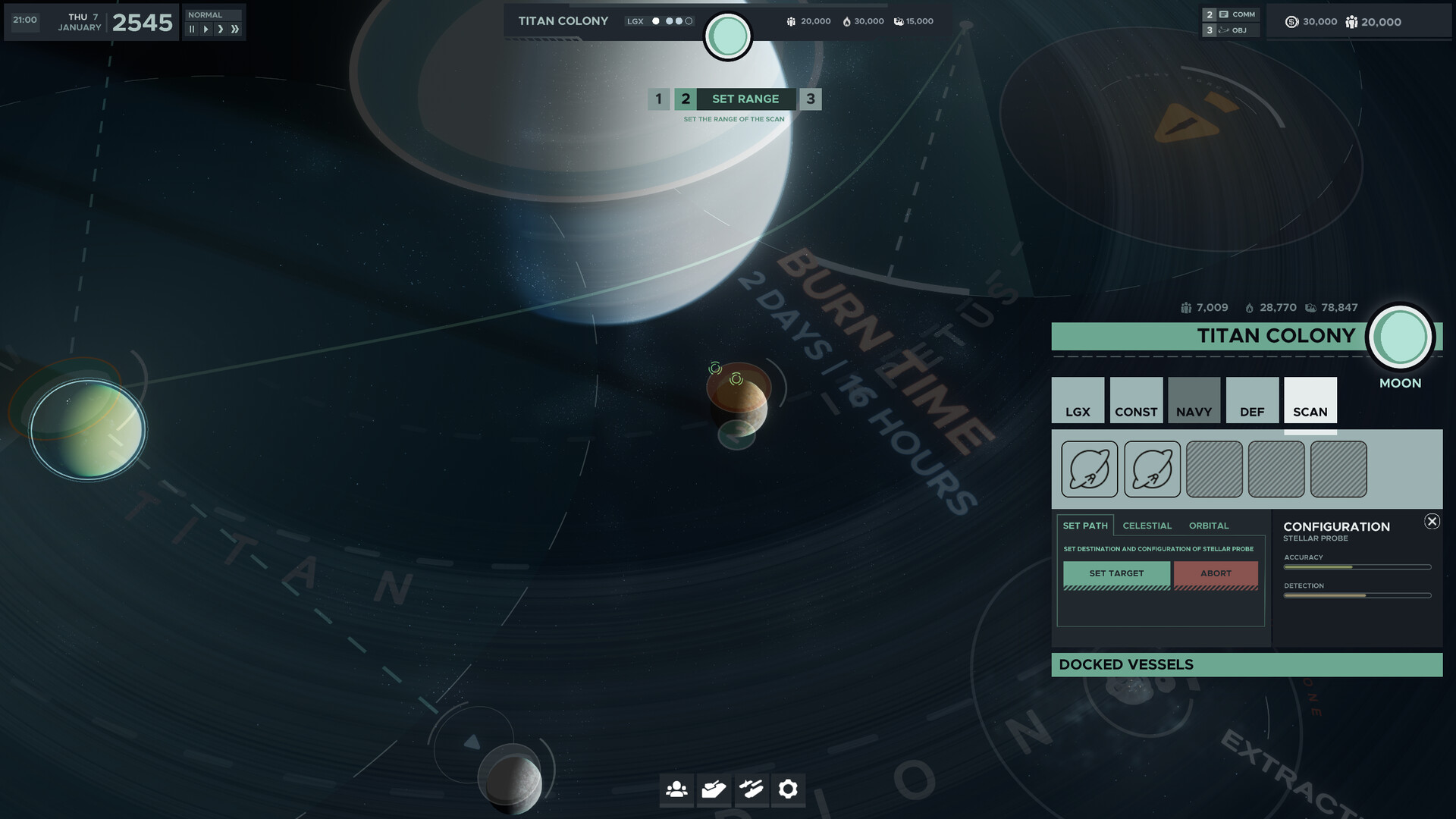 Falling Frontier colony management panel showing construction, navy, defence, and scan tabs alongside a stellar probe configuration window