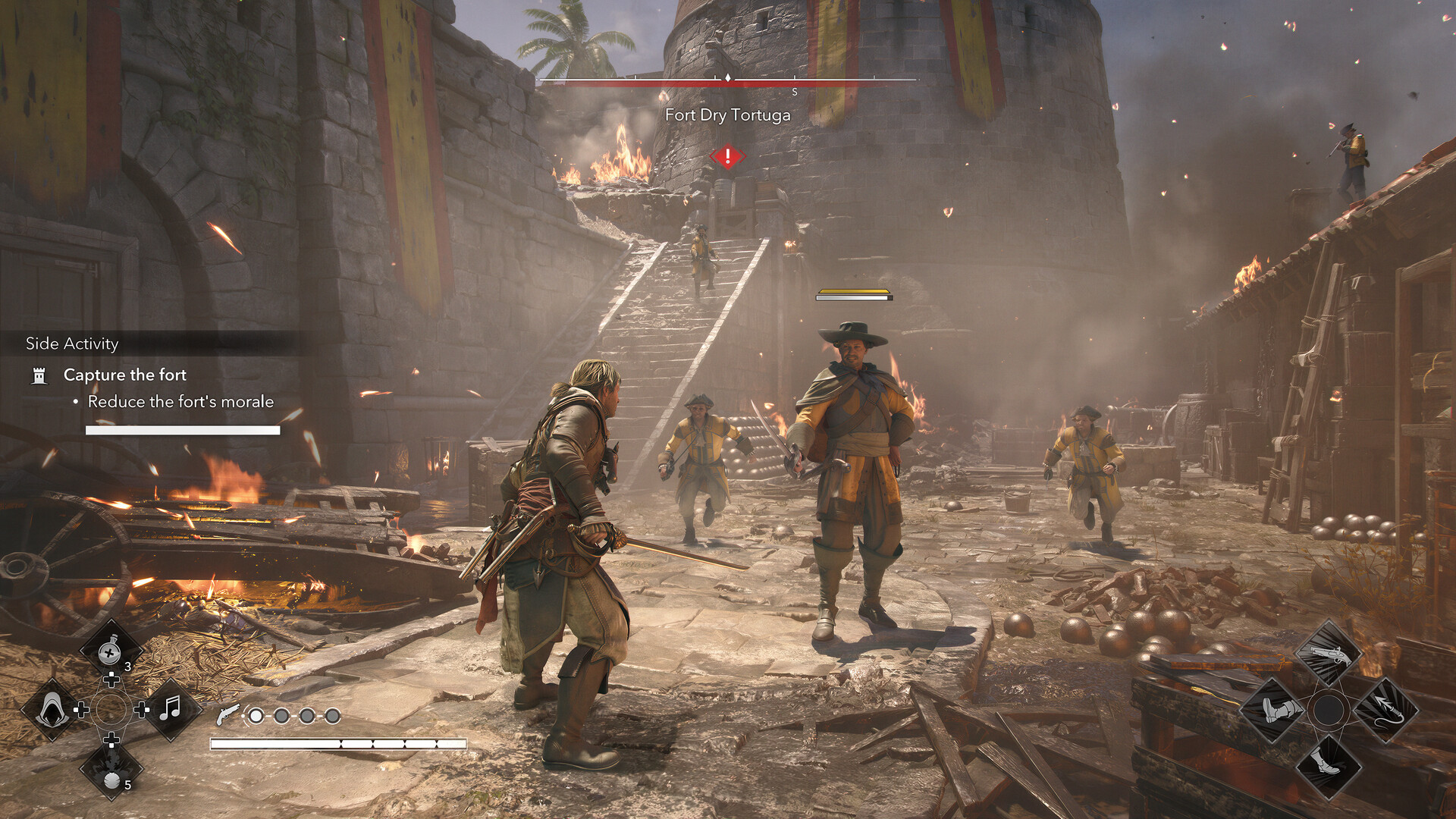 Edward fighting through the burning courtyard of Fort Dry Tortuga during a fort capture, with the objective to reduce the fort's morale shown on screen