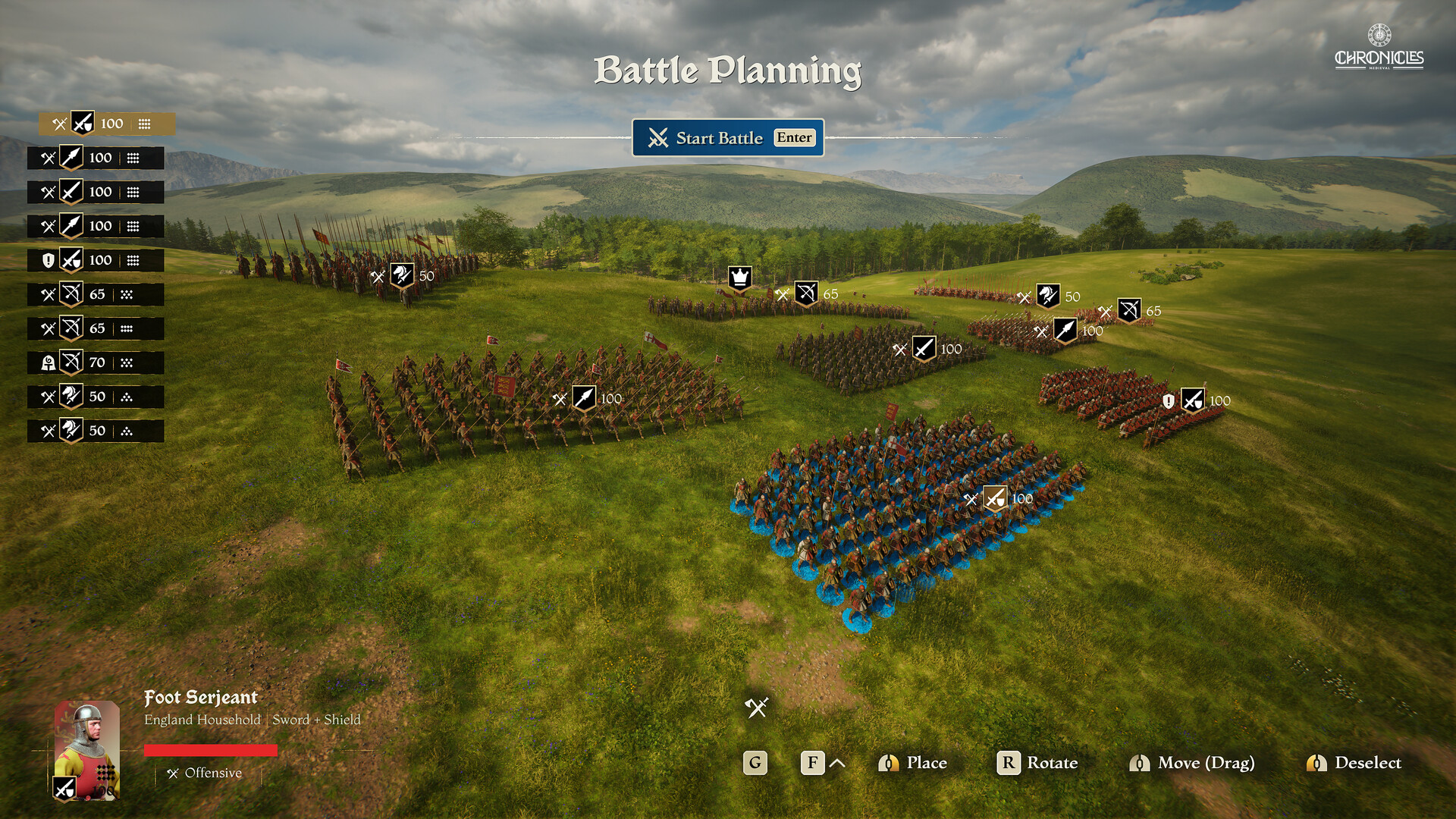 The Battle Planning screen showing deployed unit blocks with strength counters across a valley, the army roster down the left side, and a Foot Serjeant unit card at the bottom