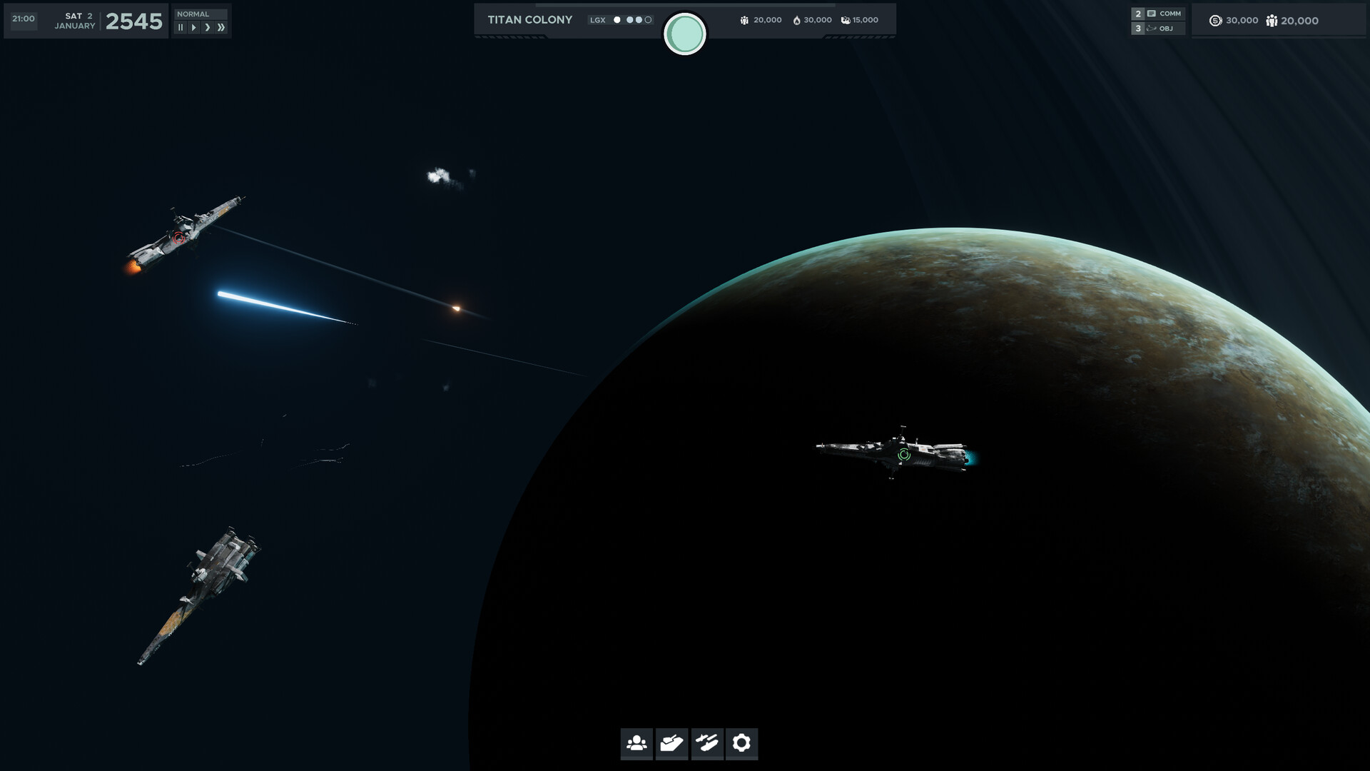 Warships exchanging fire in orbit above a ringed world