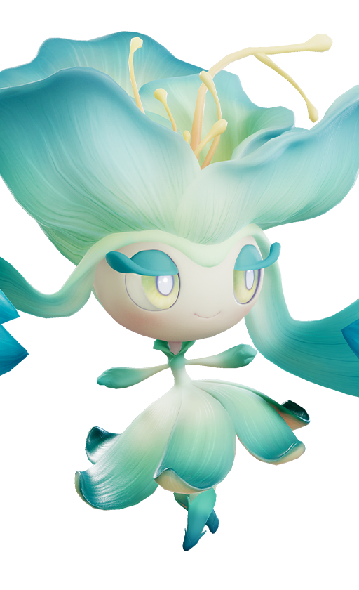 Official full-body artwork of the Aniimo Iris in its Mountain Woods Form, a Grass element DPS role creature