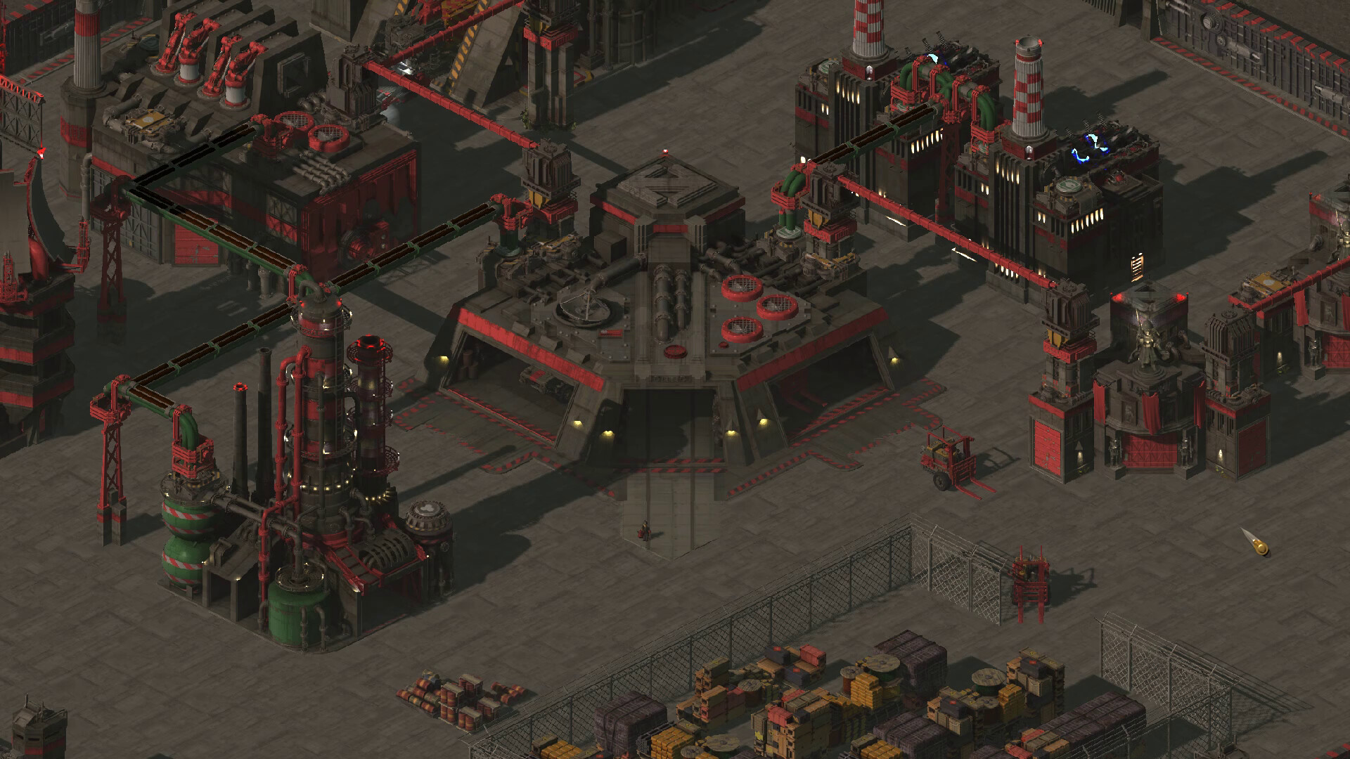 A dense industrial base of factories, refineries and conveyor lines with stockpiled supplies in D.O.R.F.