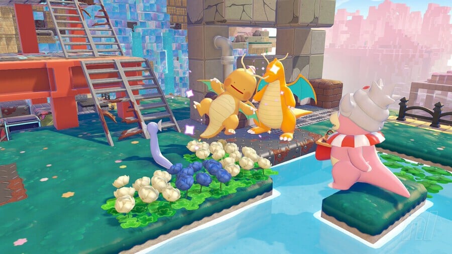 Ditto using Glide transformation to fly through the air in Pokemon Pokopia