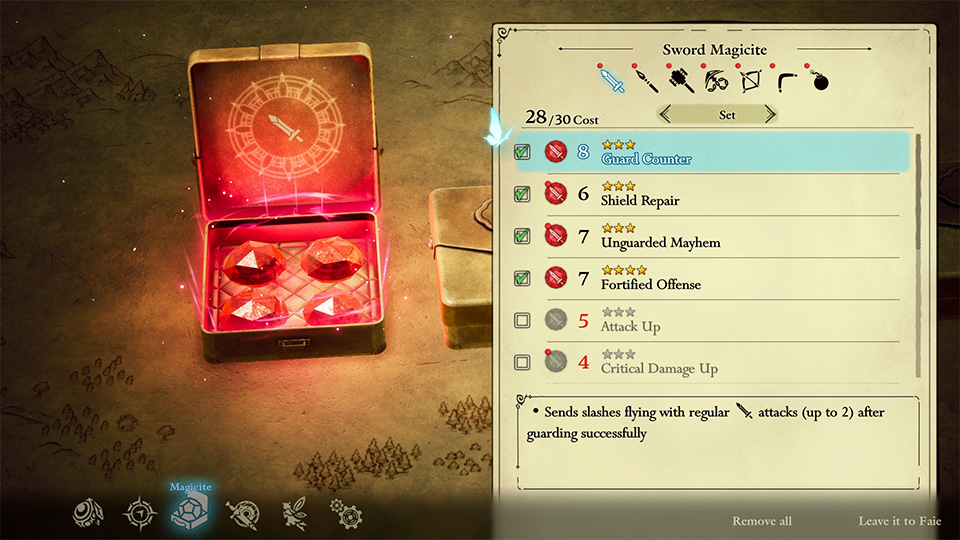The Sword Magicite box showing equipped pieces such as Guard Counter, Shield Repair, Unguarded Mayhem and Fortified Offense with their star ranks and costs