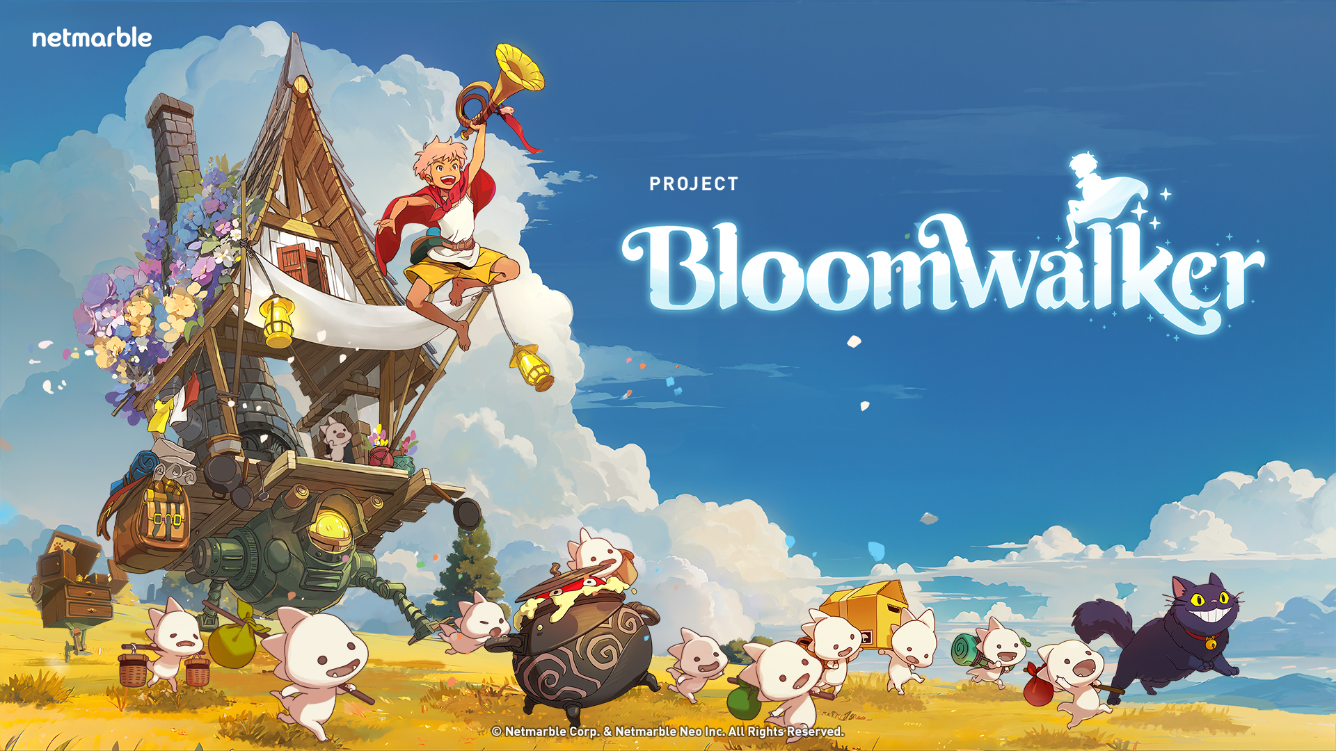2025 Project Bloomwalker key art showing the moving house walking on mechanical legs with the protagonist, a black cat and small companions