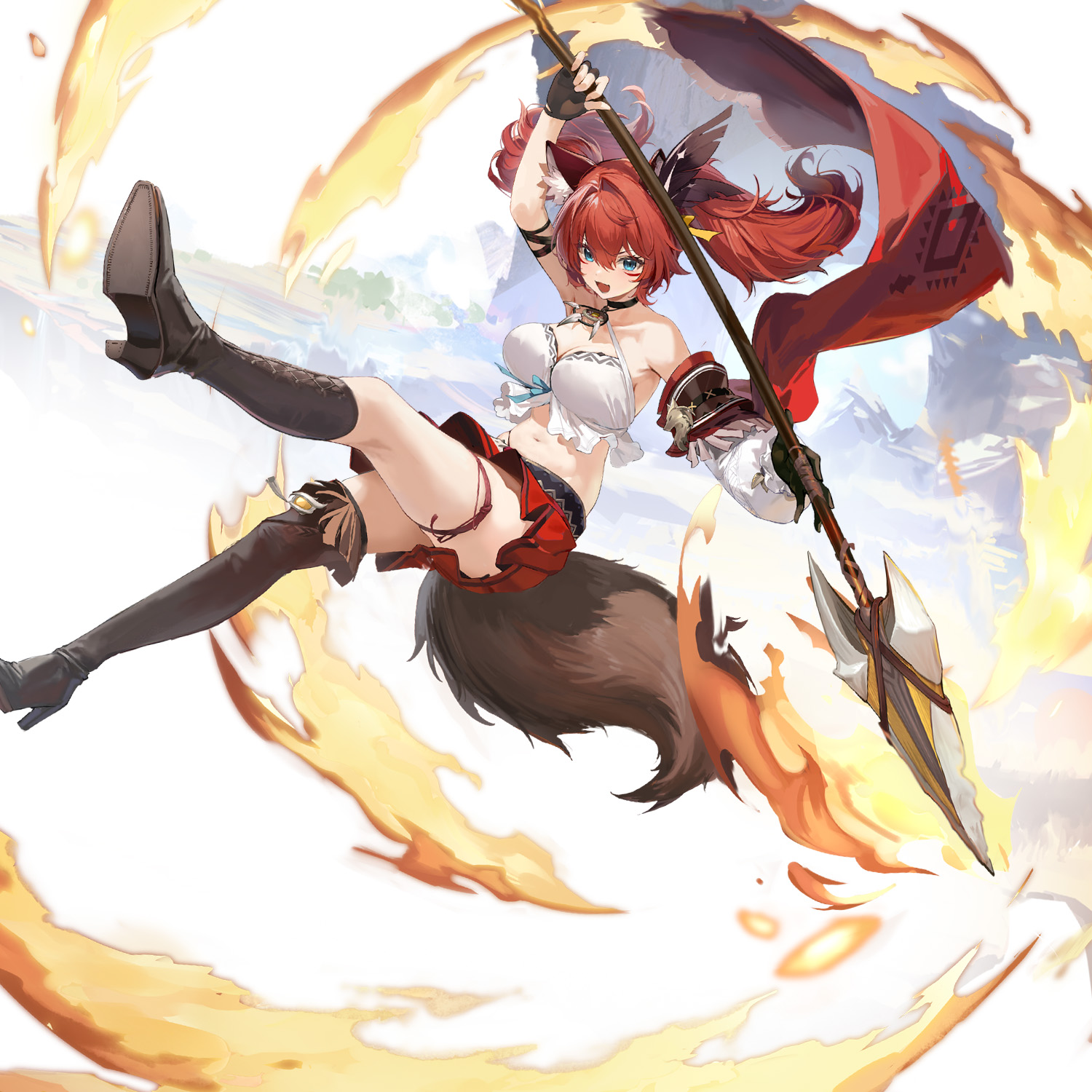 Terara, a red-haired wolf girl, leaping with a spear amid swirling flames