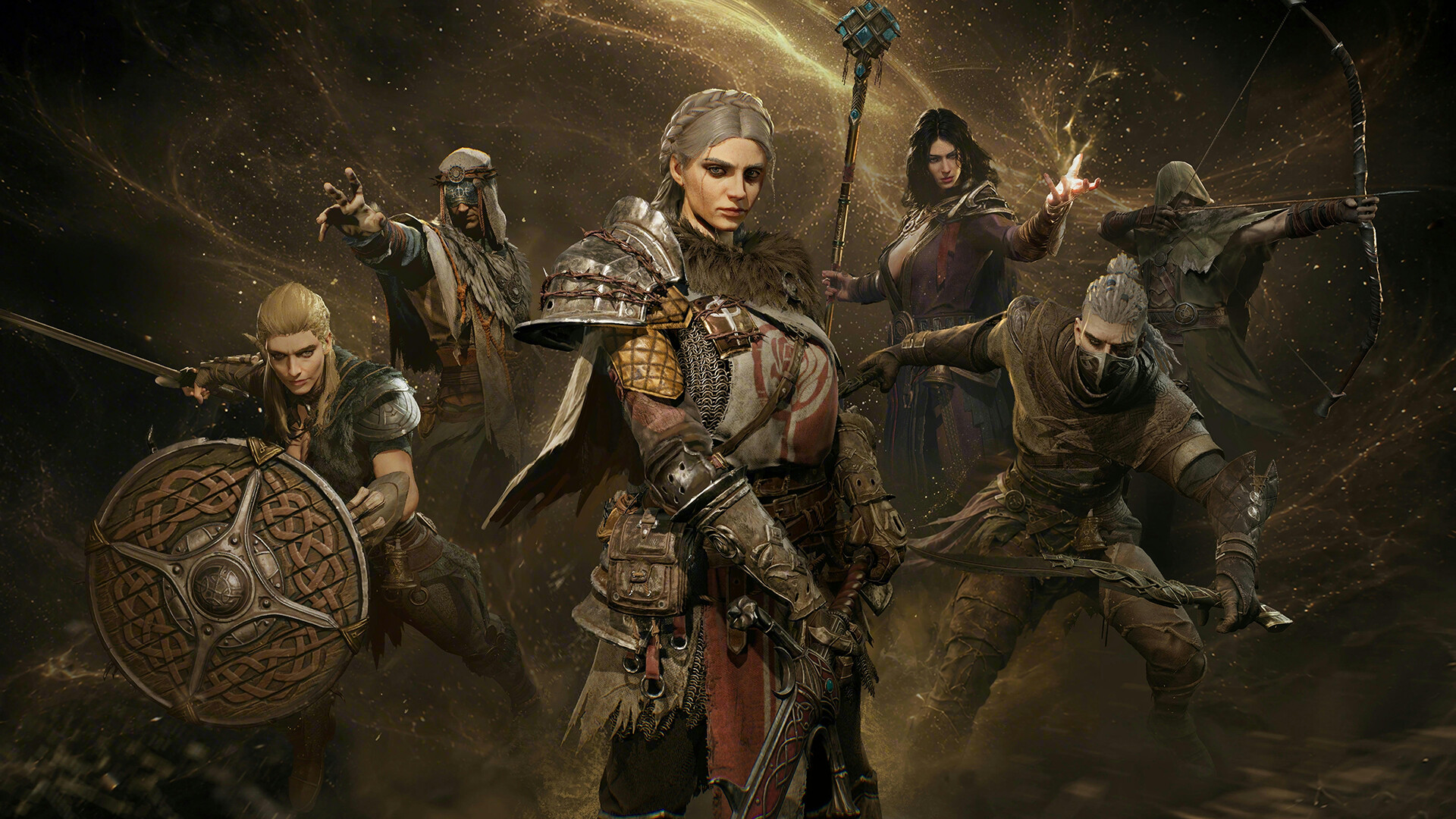 All six hunter classes posed together against a swirling golden mist: a shield bearer with a knotwork round shield, a blindfolded caster, an armoured greatsword knight at centre, a staff mage, a masked blade fighter, and a hooded archer drawing a bow