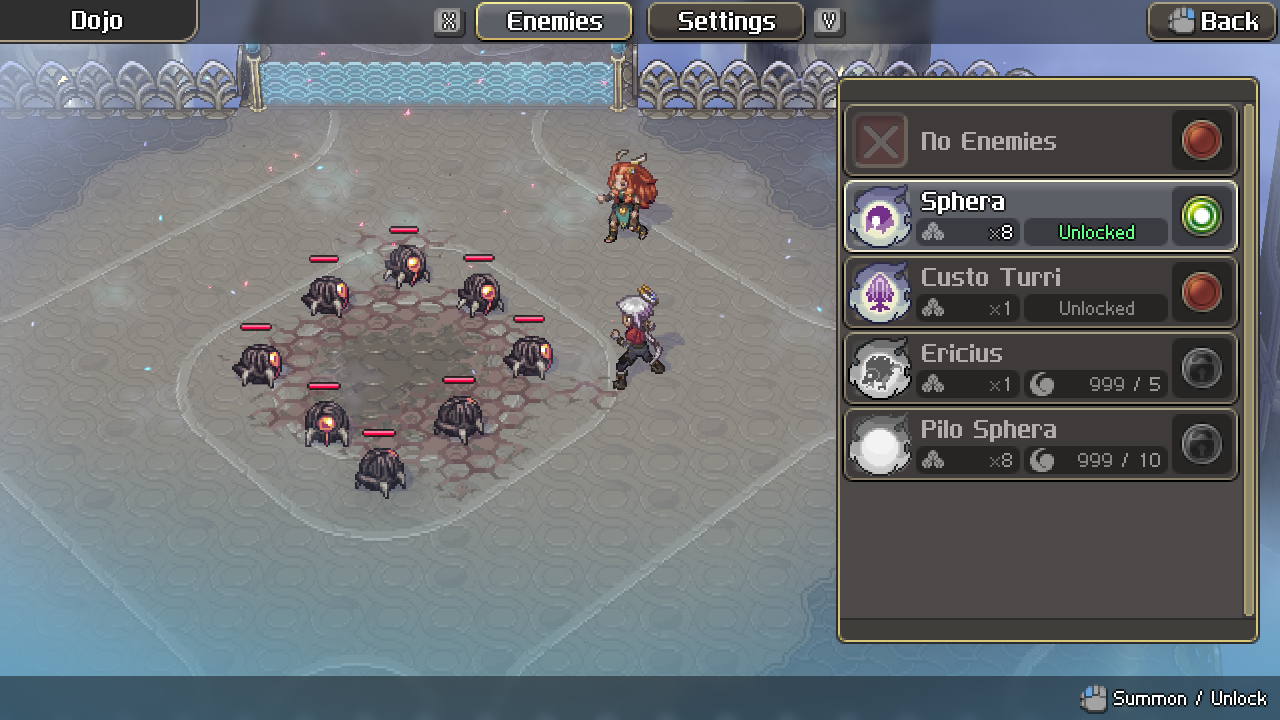 The Dojo practice space, showing the enemy selection panel with Sphera and Custo Turri unlocked and eight summoned Sphera surrounding Juno and Filia