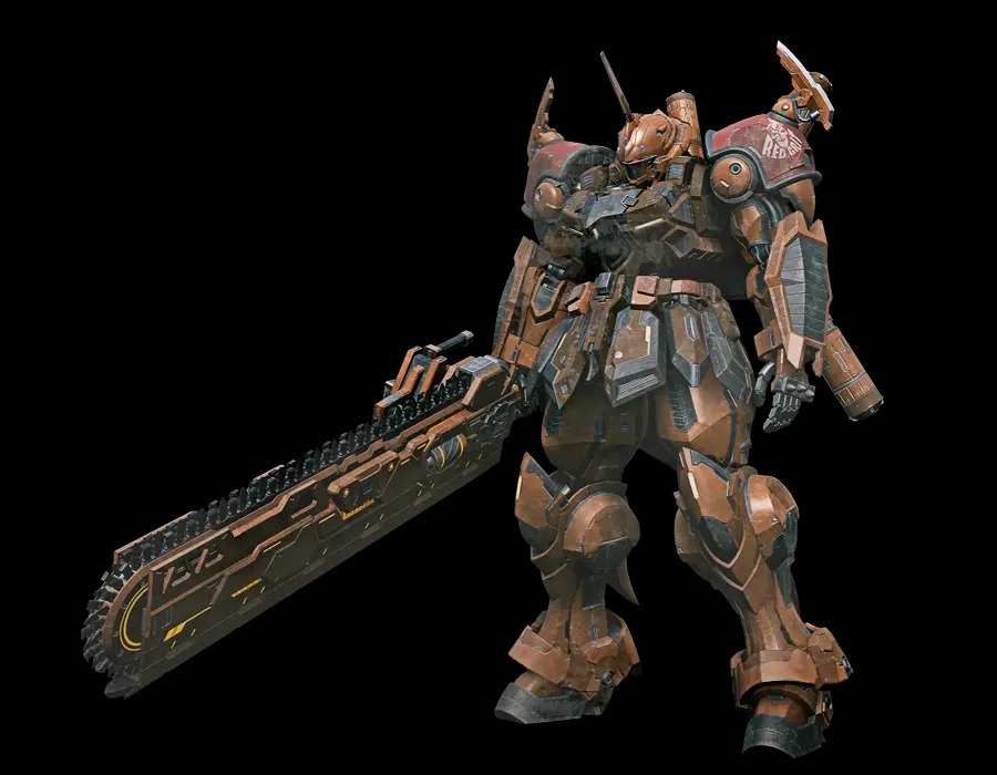 Official front render of BAU BAHLAM, a heavy rust-brown mobile suit carrying an oversized chainsaw-bladed sword