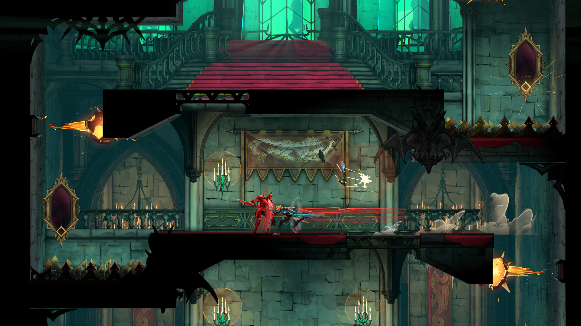 Rose trades blows with a red armoured knight on a balcony inside a teal-lit castle hall hung with mirrors