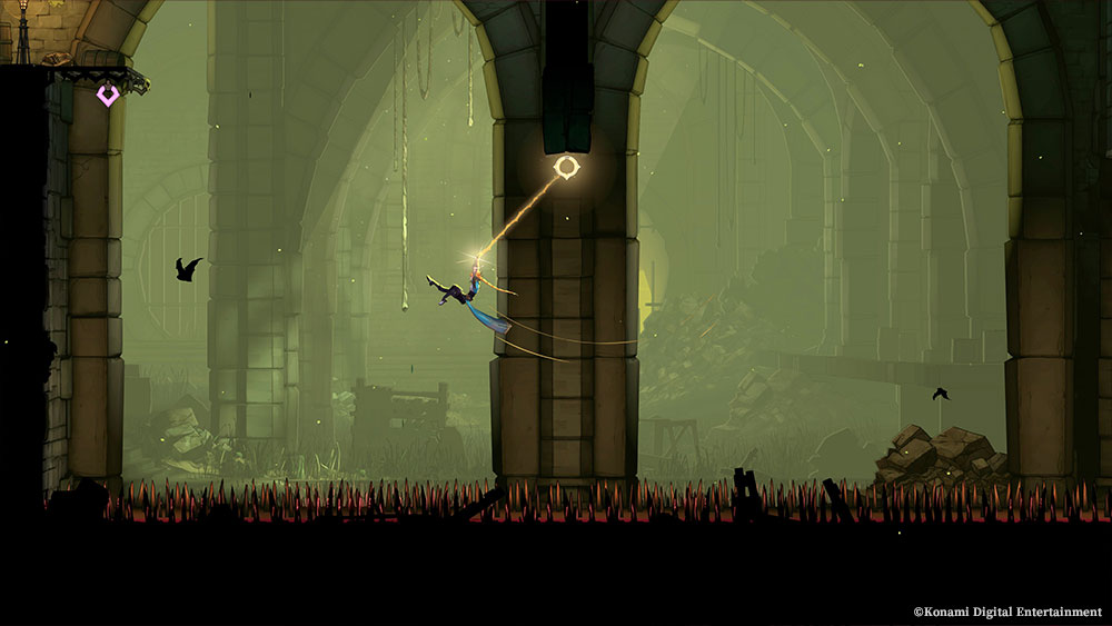 Rose swings from a glowing whip line over spikes in a green-lit stone chamber.