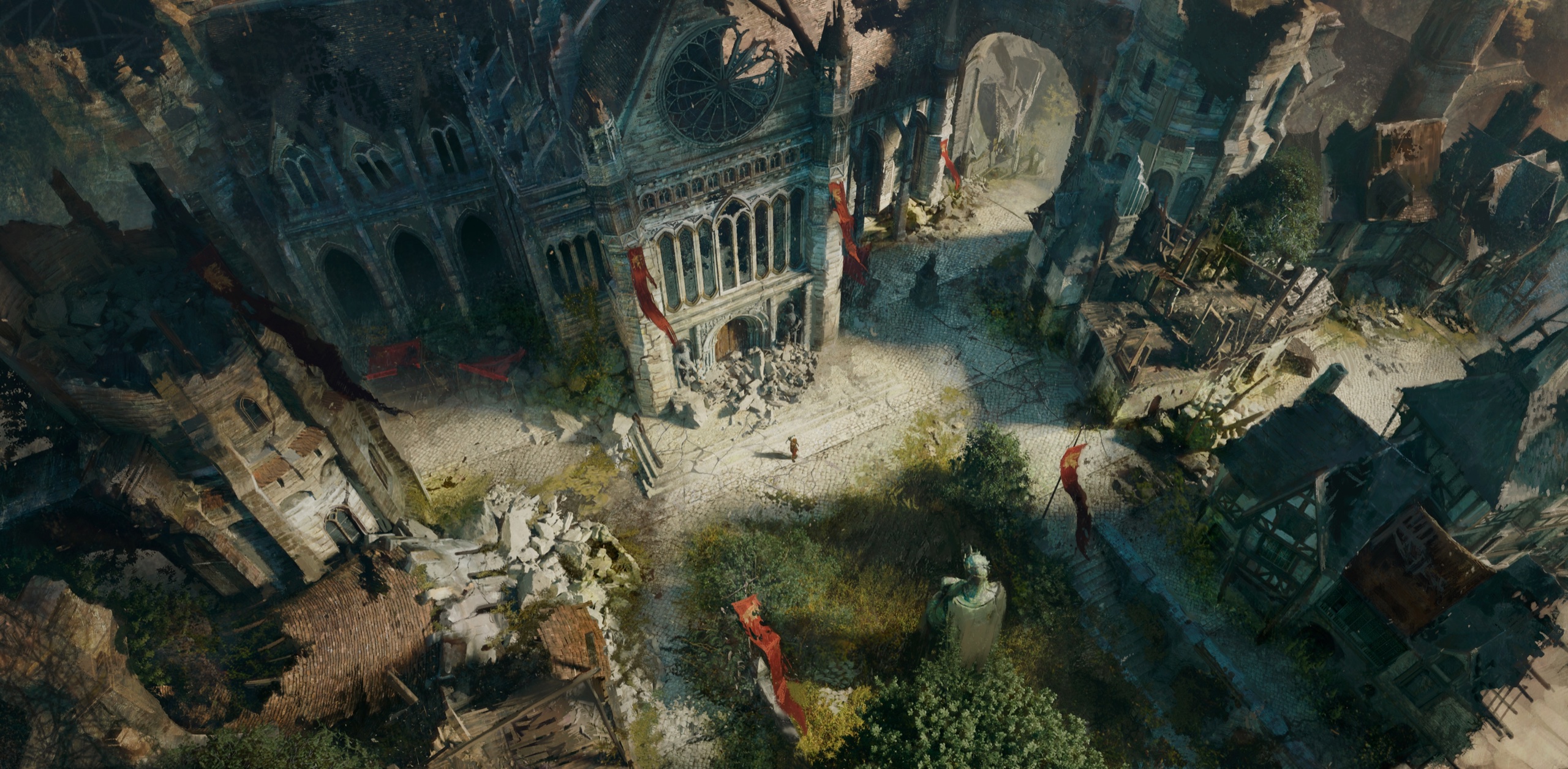 Concept art looking down on an overgrown, ruined cathedral and the wrecked streets around it