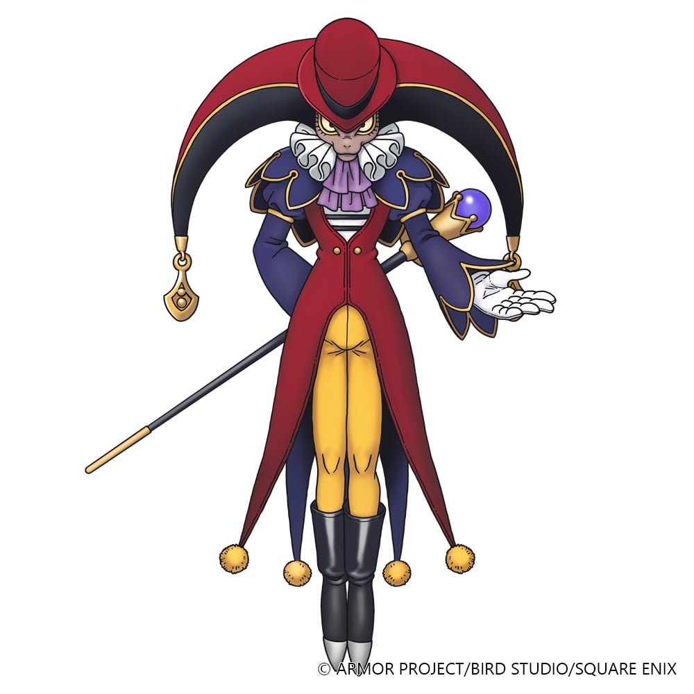 Official character art of Thespidor, a jester in a horned red and navy cap and ruffled collar, holding a purple orb and a thin black cane
