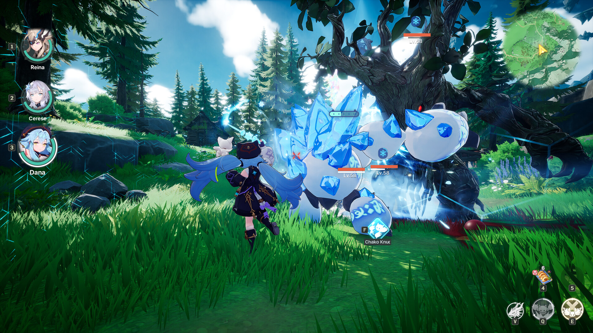 Dana fighting ice-crystal creatures in a sunlit meadow in DragonSword : Awakening, with Reina and Cerese in the party bar and the Chako Knuckle prompt visible