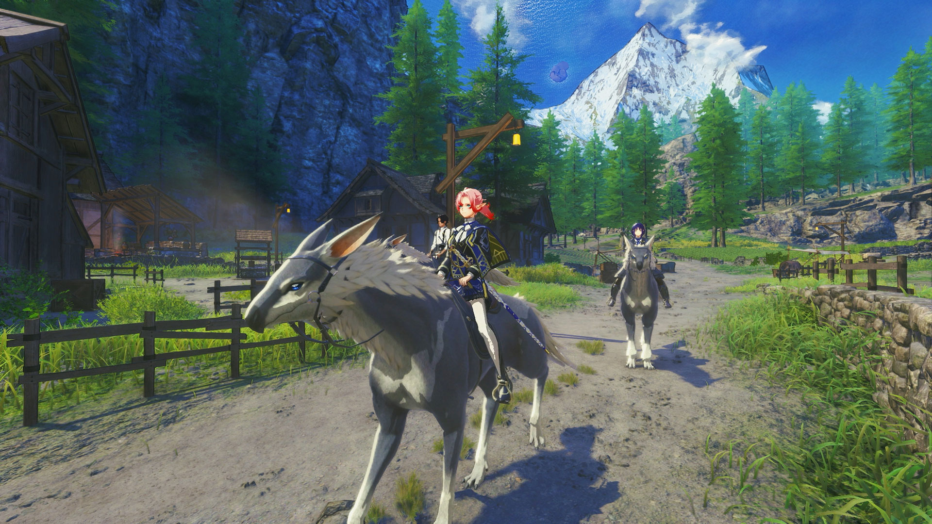 A rider on a shaggy grey mount with a wolf-like head and long upright ears, moving through a mountain village in Xenoblade Genesis, a second rider on the same kind of animal behind and a snowy summit beyond the trees