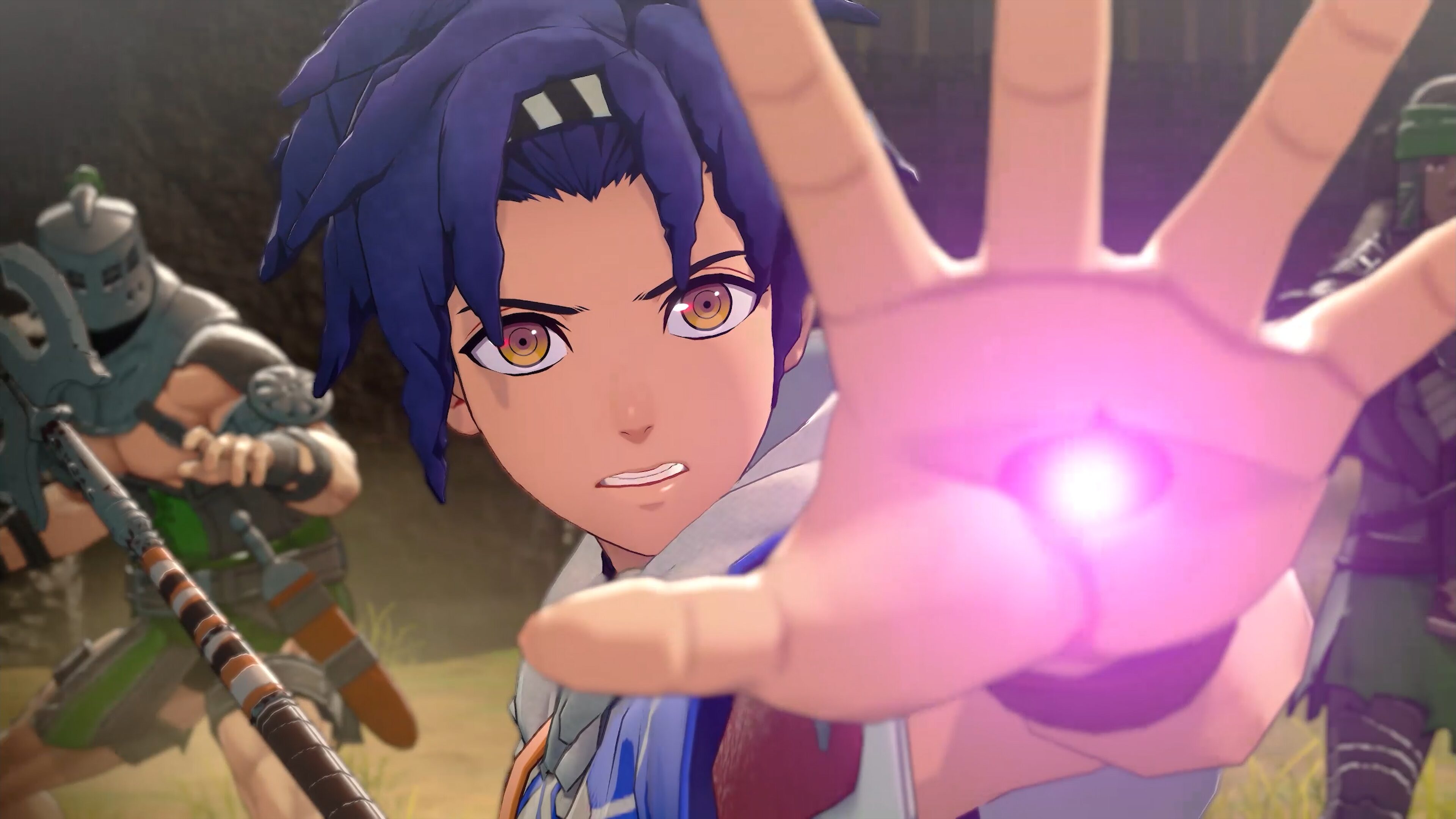 Cai thrusting out an open palm as magenta light gathers in it, with soldiers blurred behind him