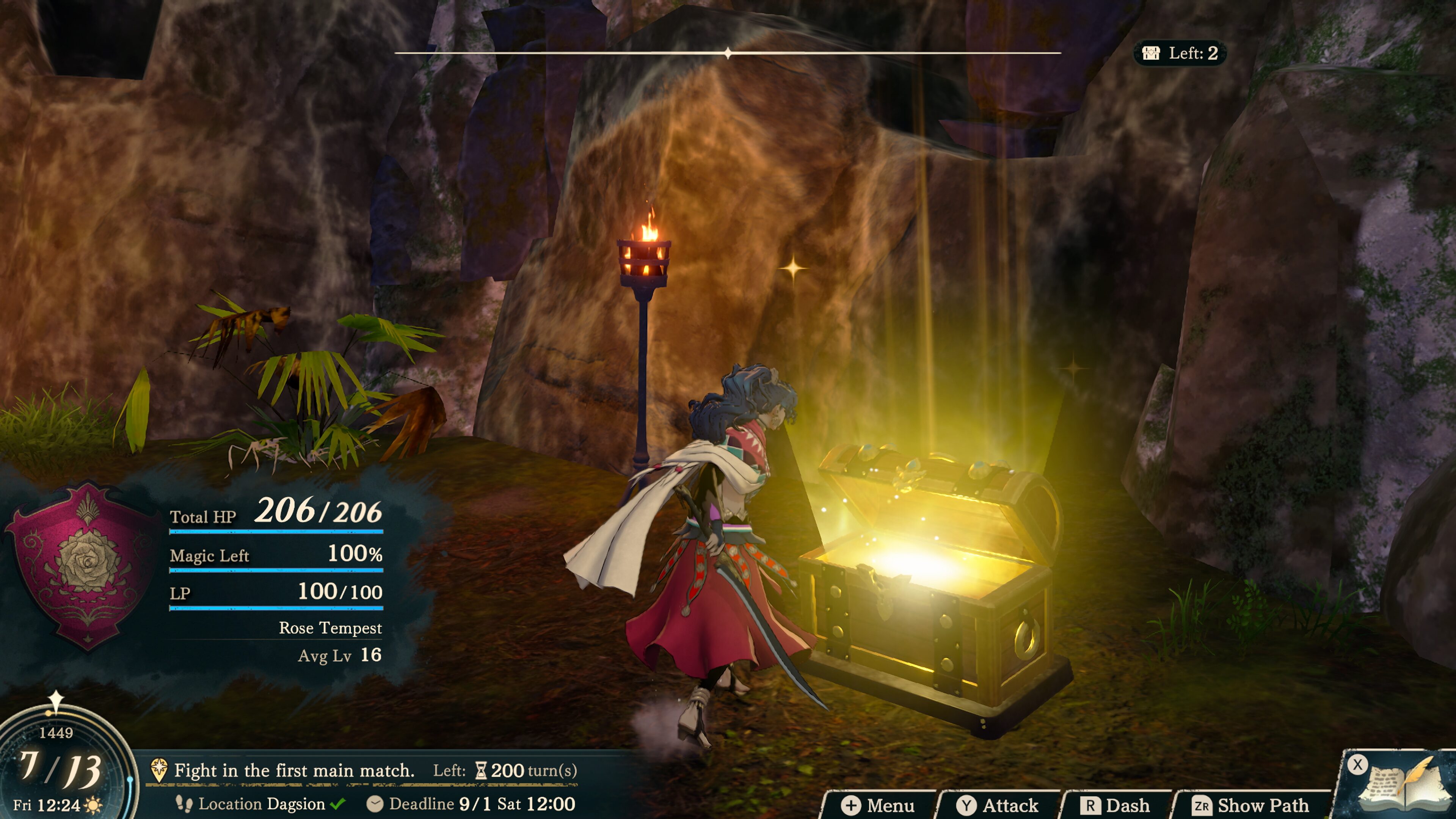 Opening a glowing treasure chest inside a torchlit cavern with the party HP, magic and LP readouts shown