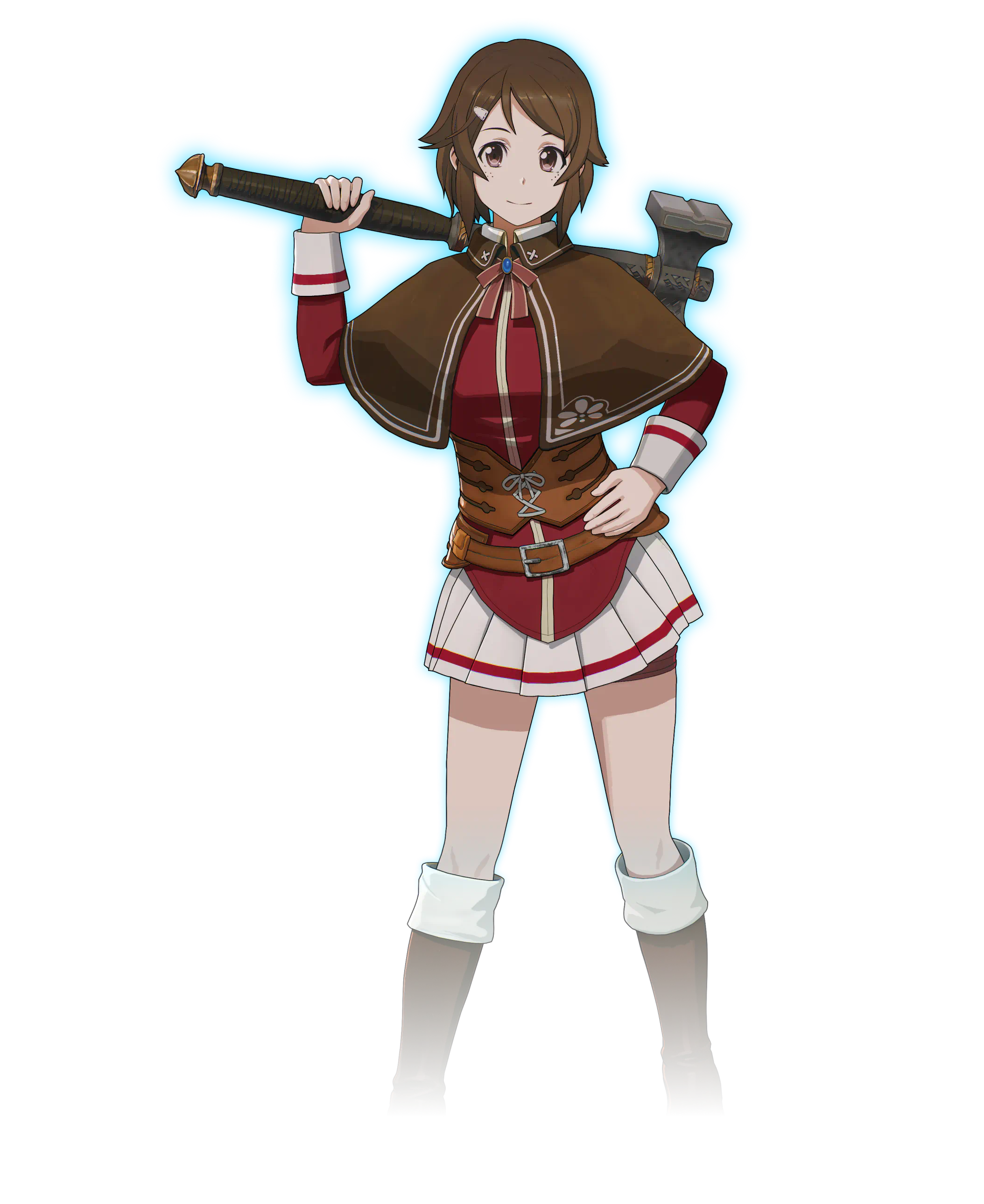Lisbeth official character render, a cheerful girl in a red dress and brown capelet carrying a mace on her shoulder