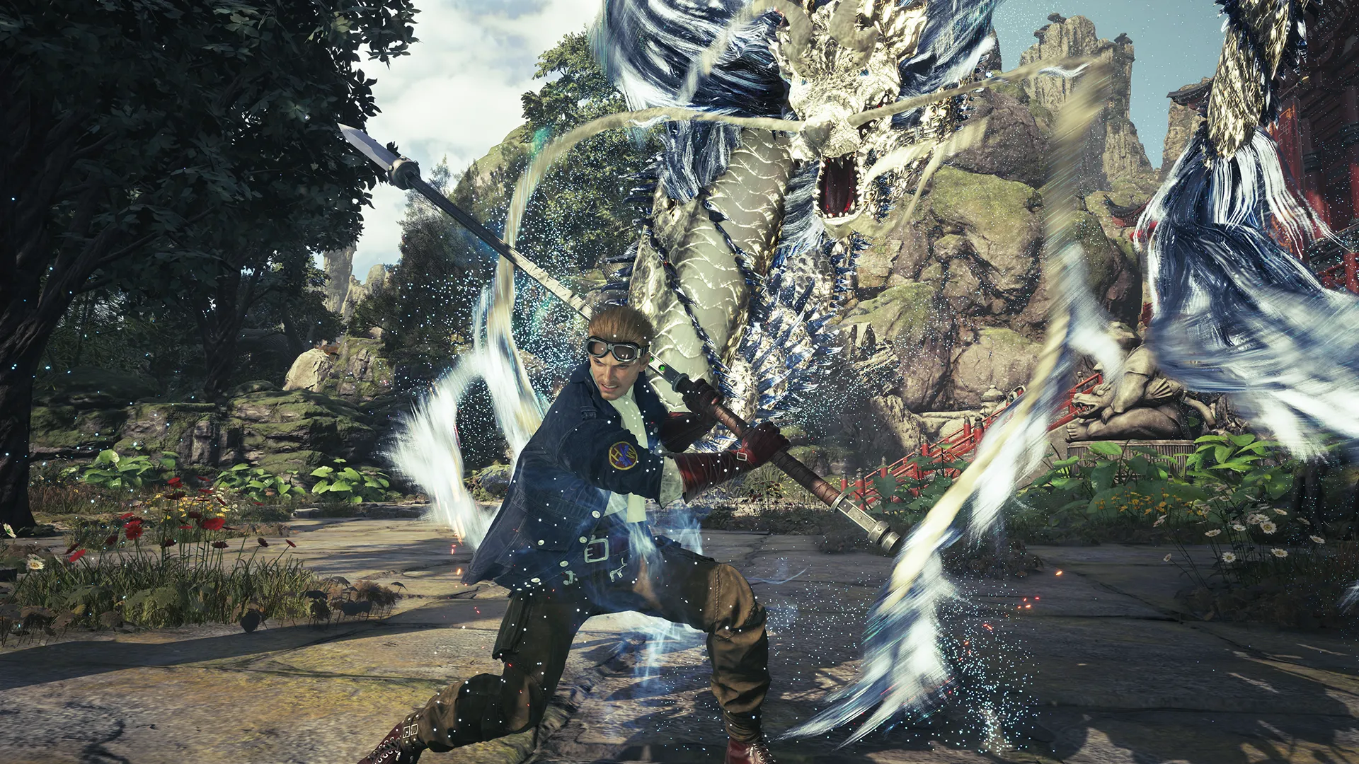 Cid Highwind battles a water dragon with his lance in Final Fantasy VII Revelation