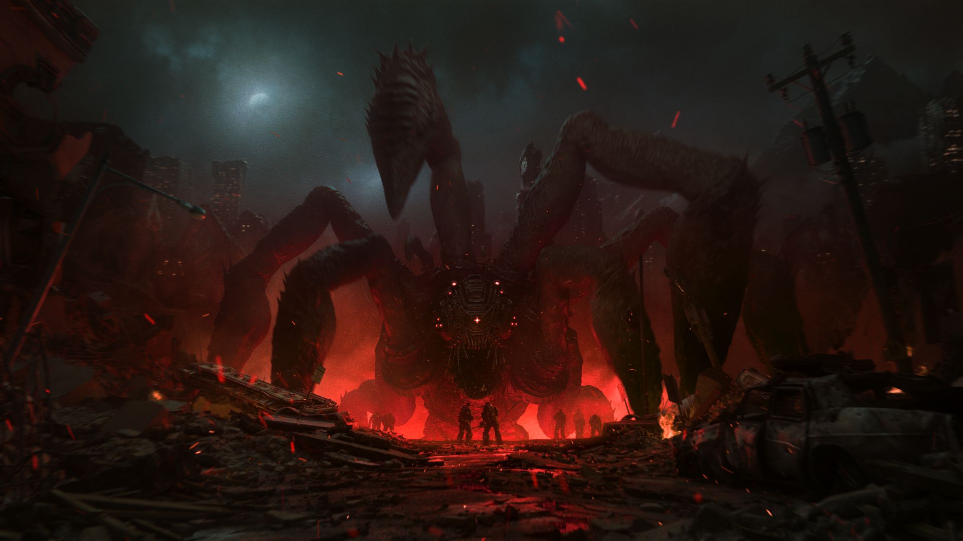 A still from the Adagio launch film: a giant Locust creature with many legs towers over a ruined city street at night while a small group of Gears faces it