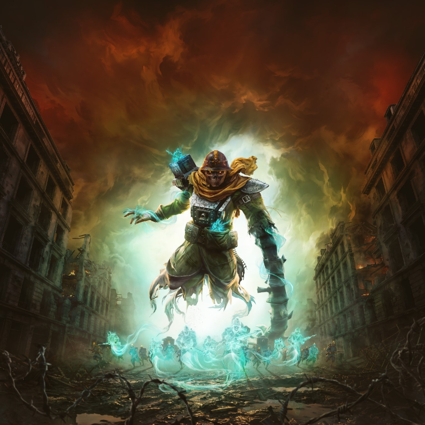 Ossuary floats above spectral soldiers in a ruined street