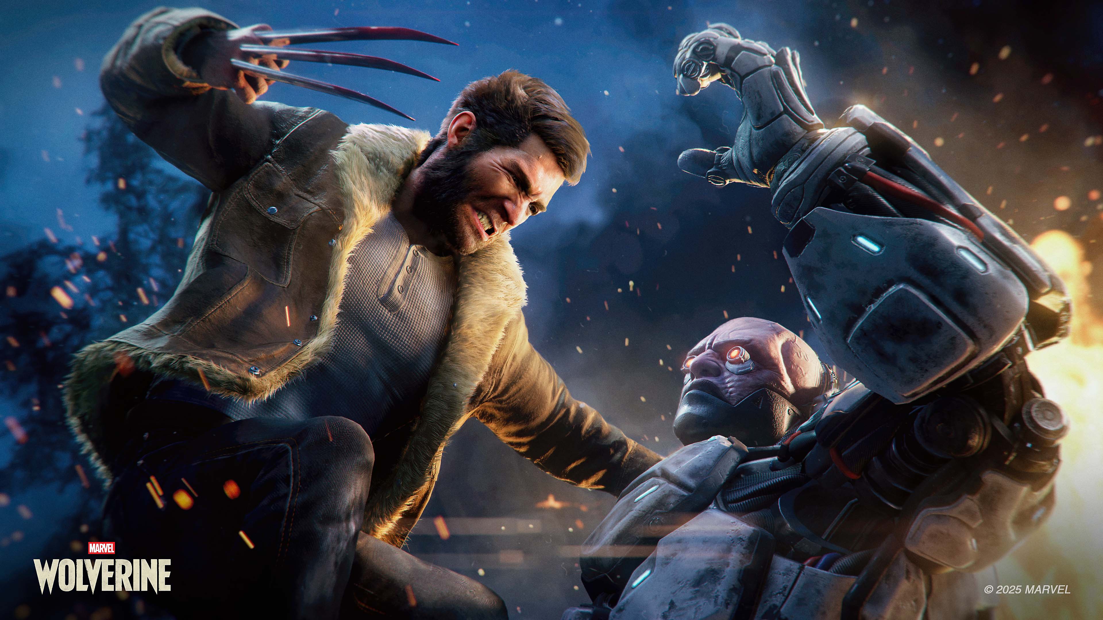 Logan in a brown fur-collared jacket pinning a helmeted cybernetic enemy in a night snowfield lit by embers and fire