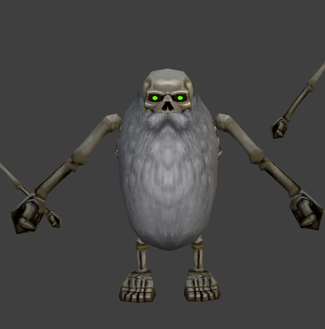 In development model of a bearded skeletal creature with glowing green eyes