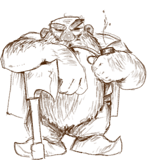 Concept sketch of a broad Dwarf in a helm leaning on a long hafted weapon