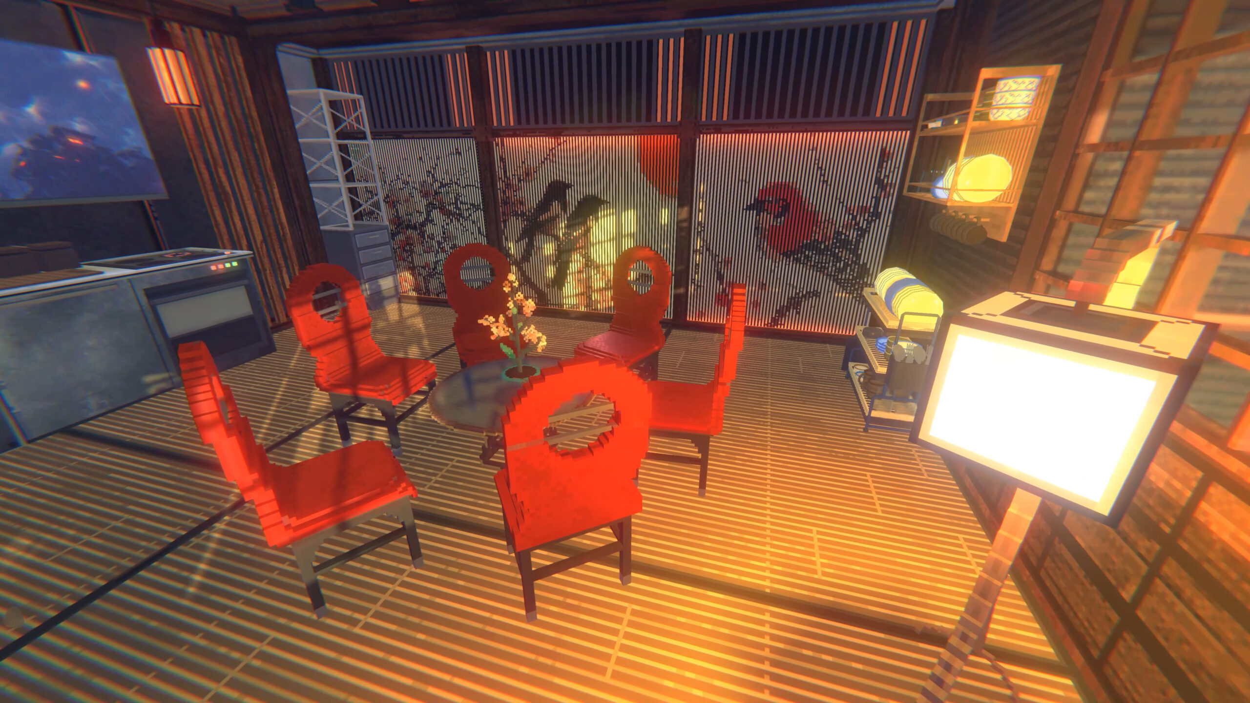 Furniture placement inside an Eastern-styled apartment, chairs highlighted in red while being positioned around a table