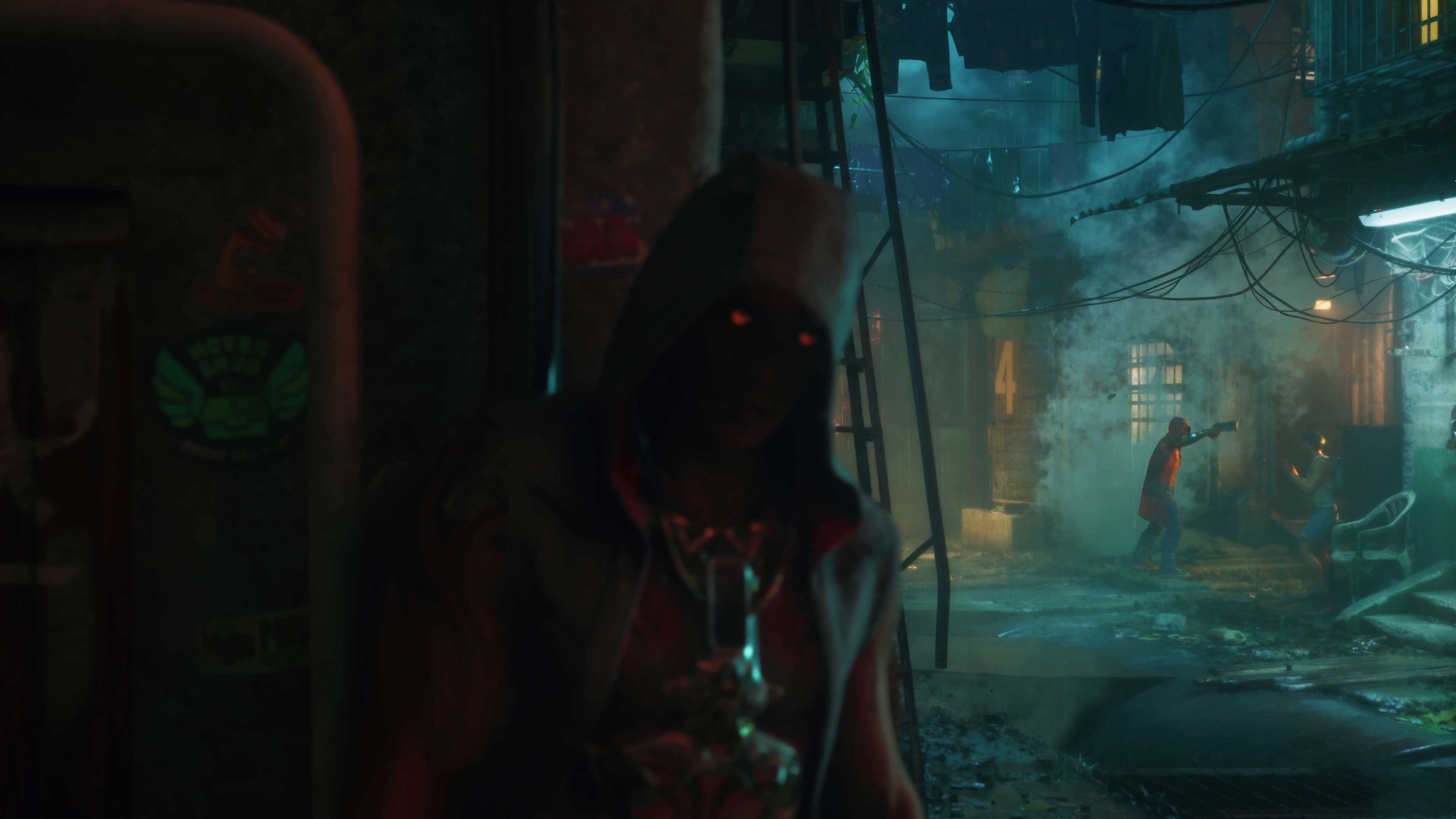 A hooded figure with glowing cybernetic eyes standing in a steam-filled slum alley in Port Desire